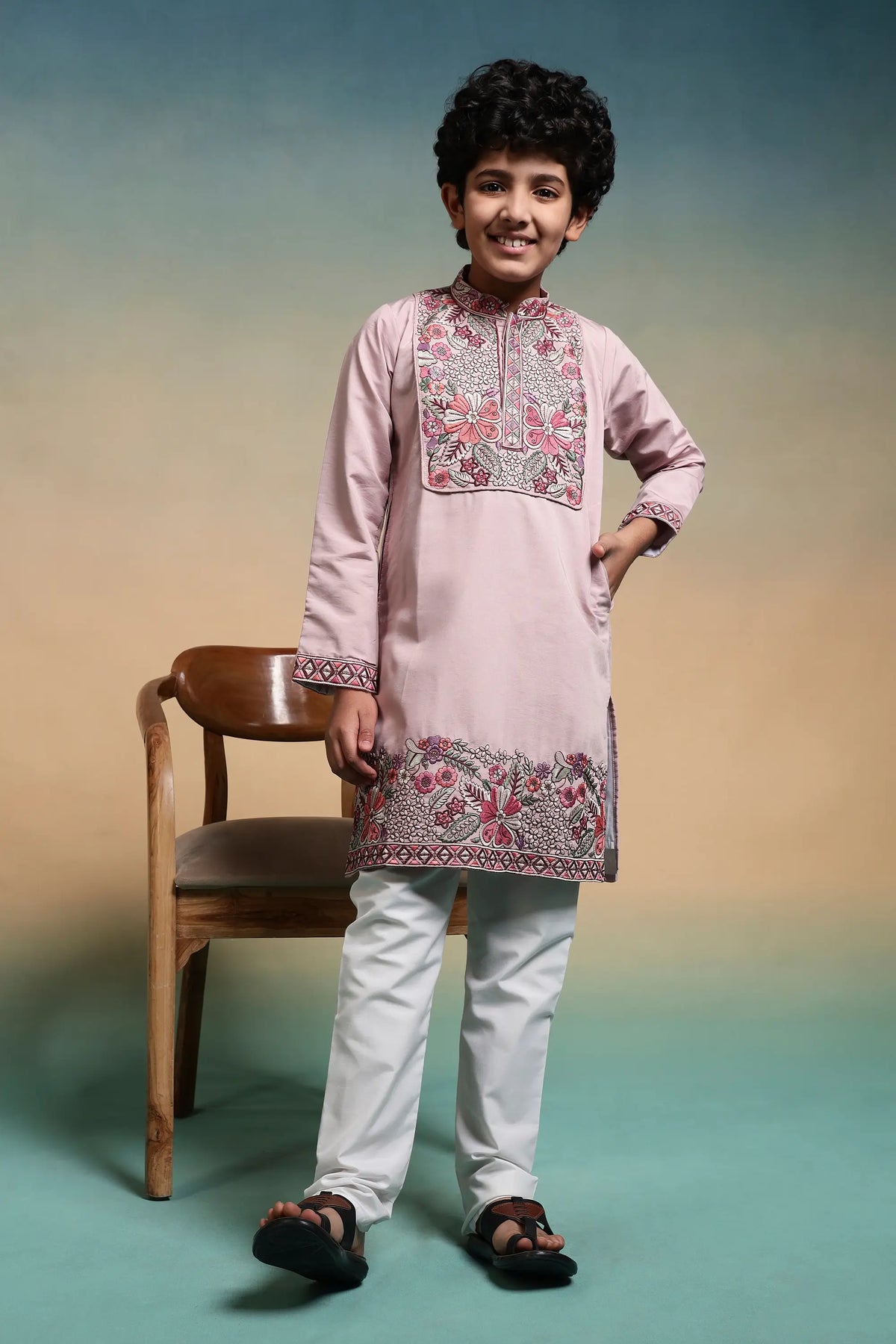 Light Pink Embroidery Work Kids Kurta Set