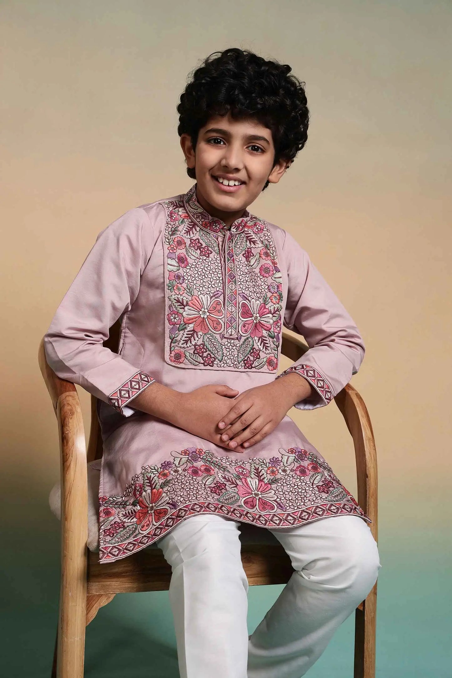 Light Pink Embroidery Work Kids Kurta Set