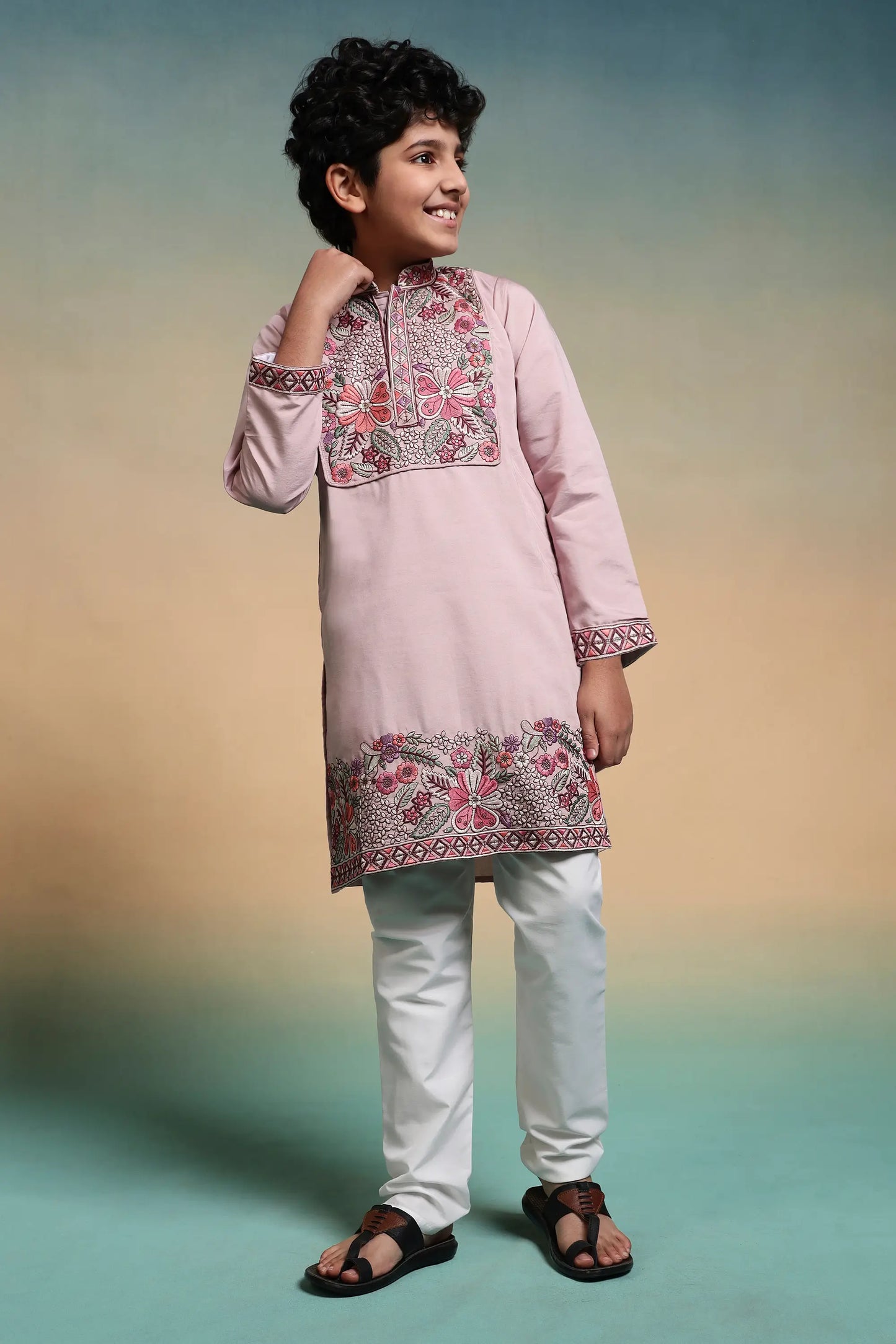 Light Pink Embroidery Work Kids Kurta Set