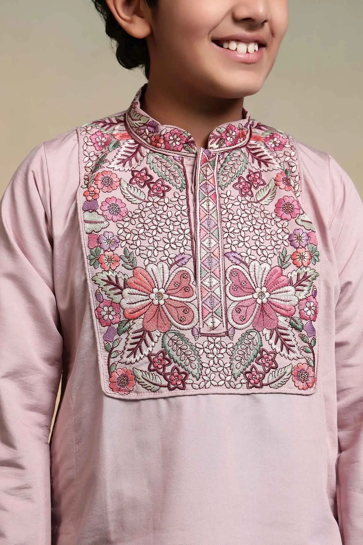 Light Pink Embroidery Work Kids Kurta Set