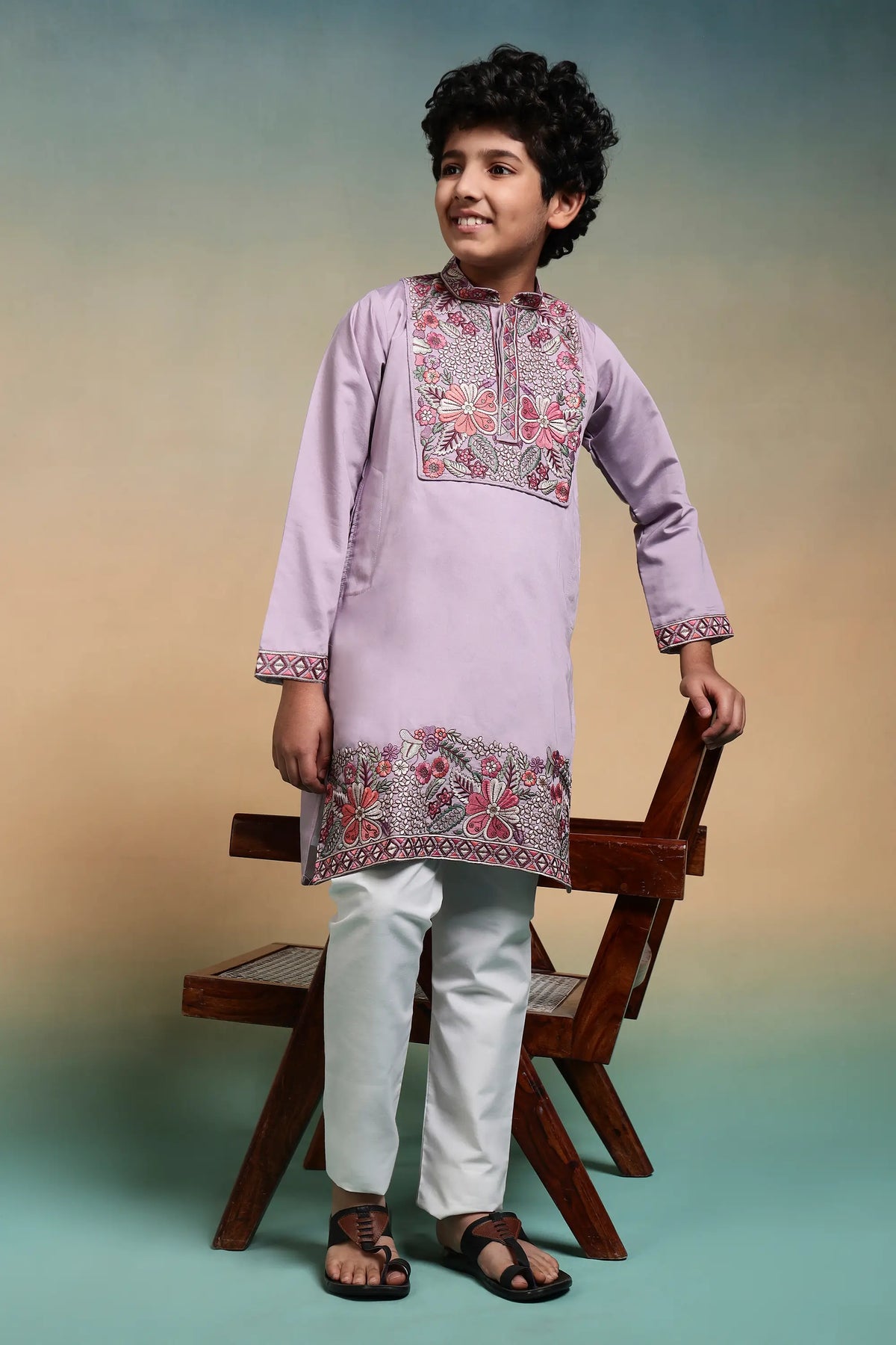 Lavender Embroidery Work Kids Kurta Set