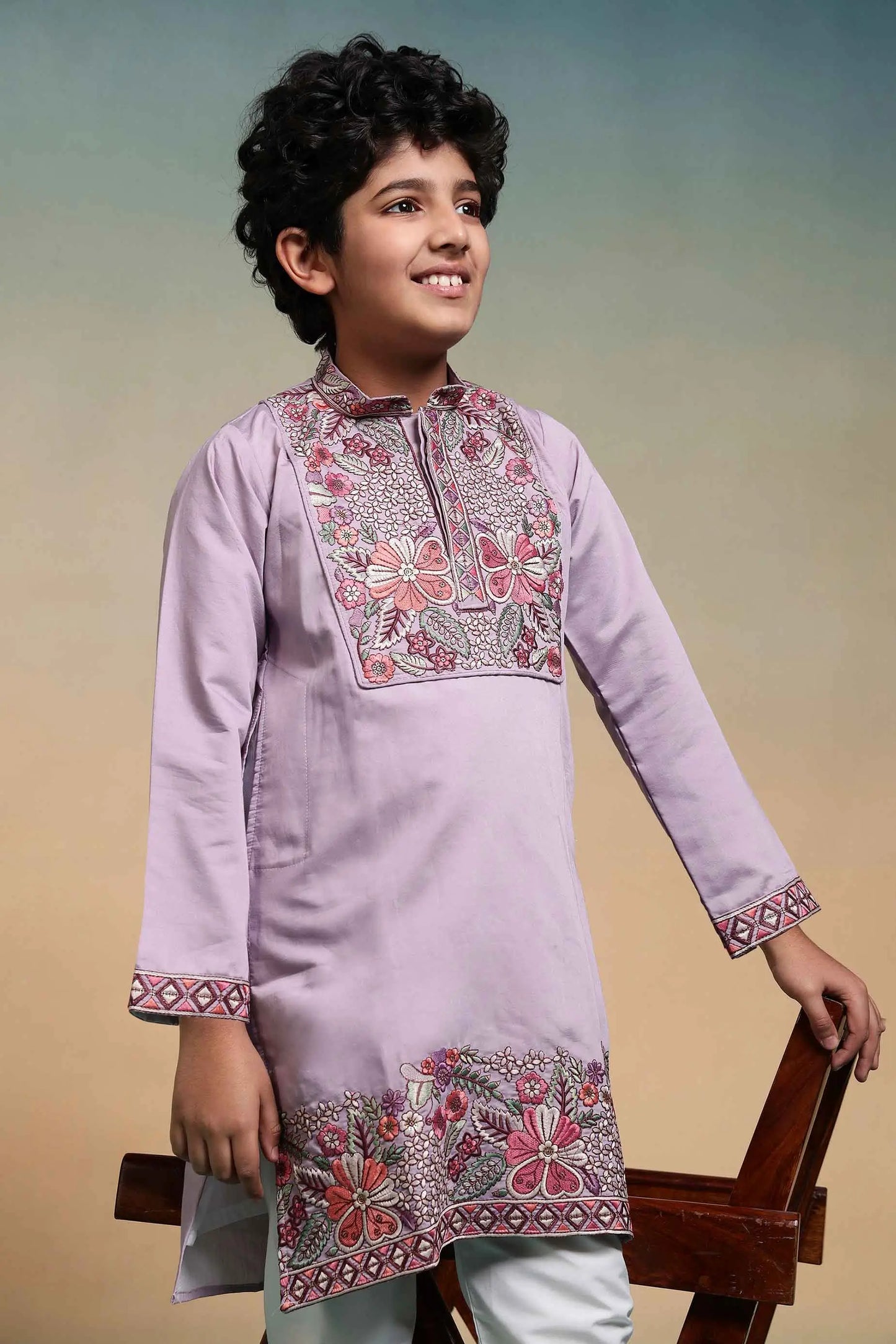 Lavender Embroidery Work Kids Kurta Set