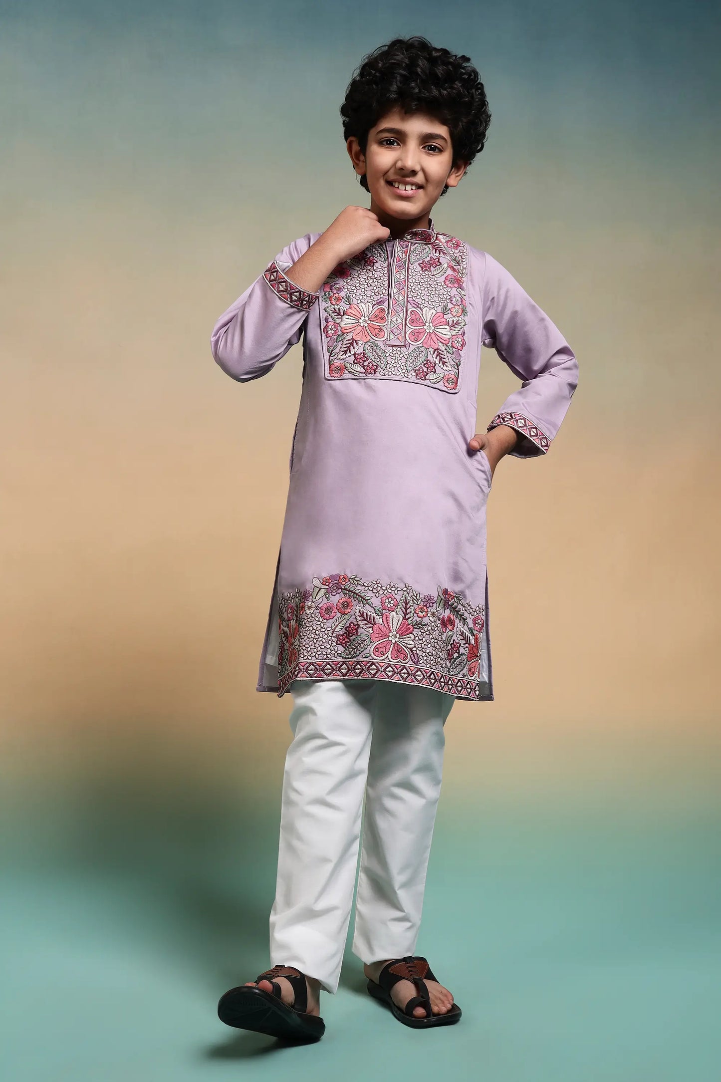 Lavender Embroidery Work Kids Kurta Set