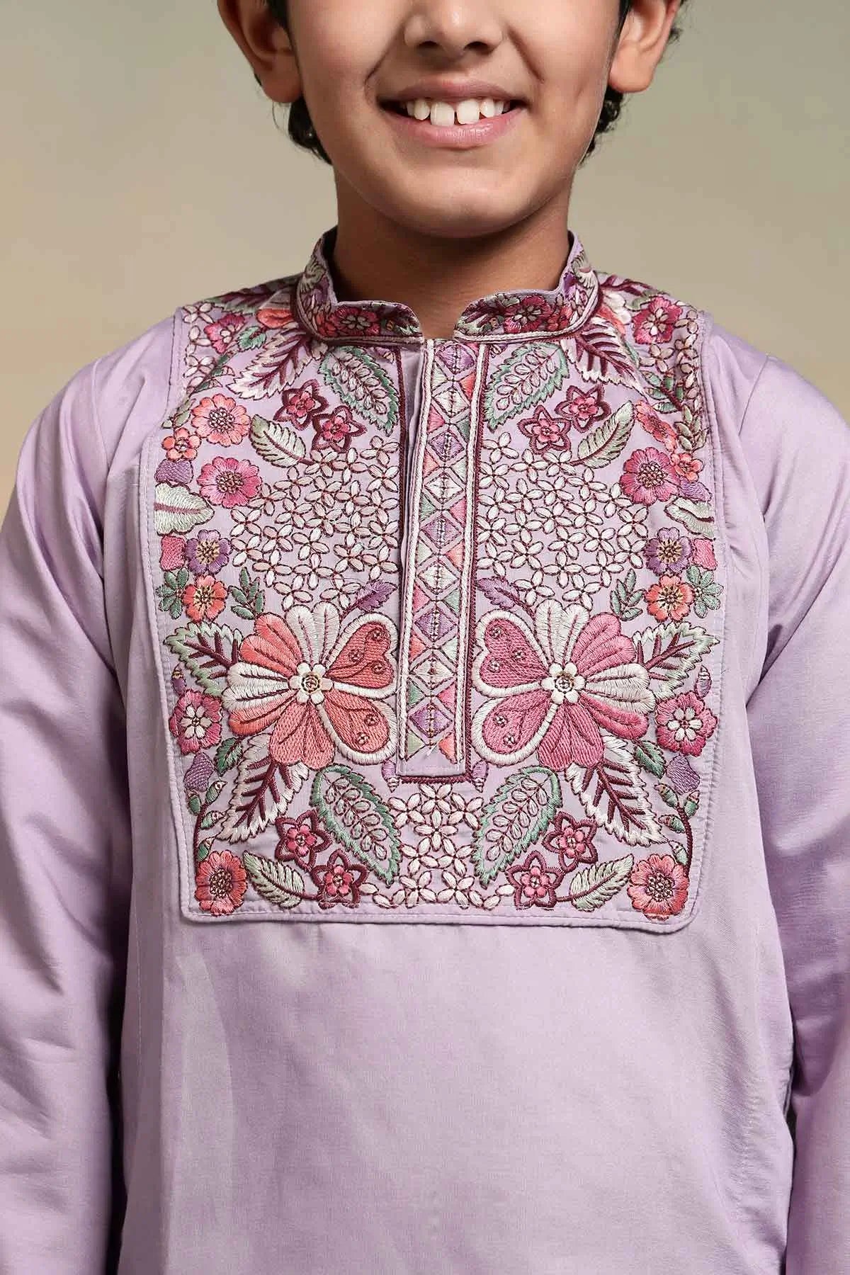Lavender Embroidery Work Kids Kurta Set