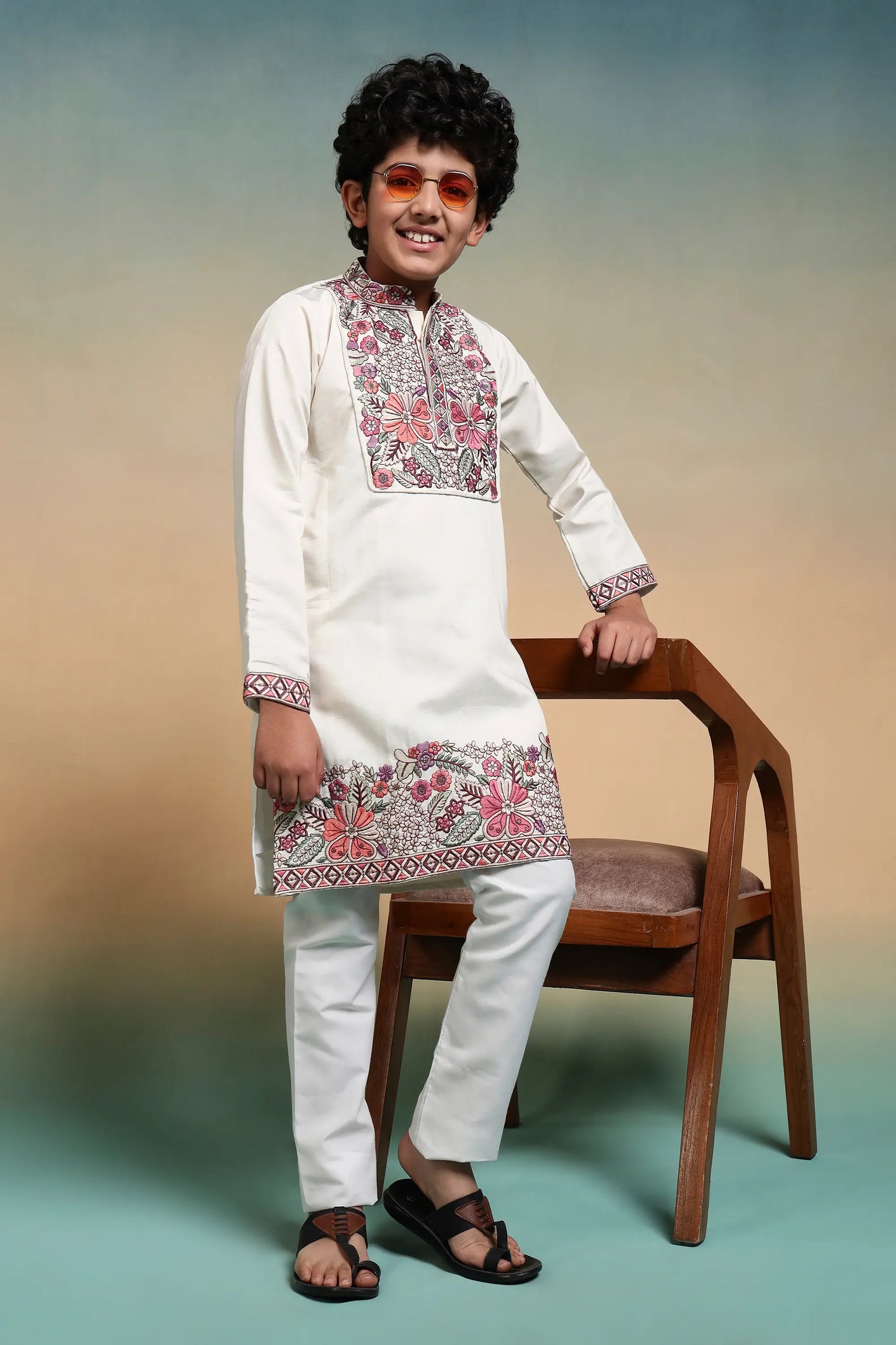 White Embroidery Work Kids Kurta Set