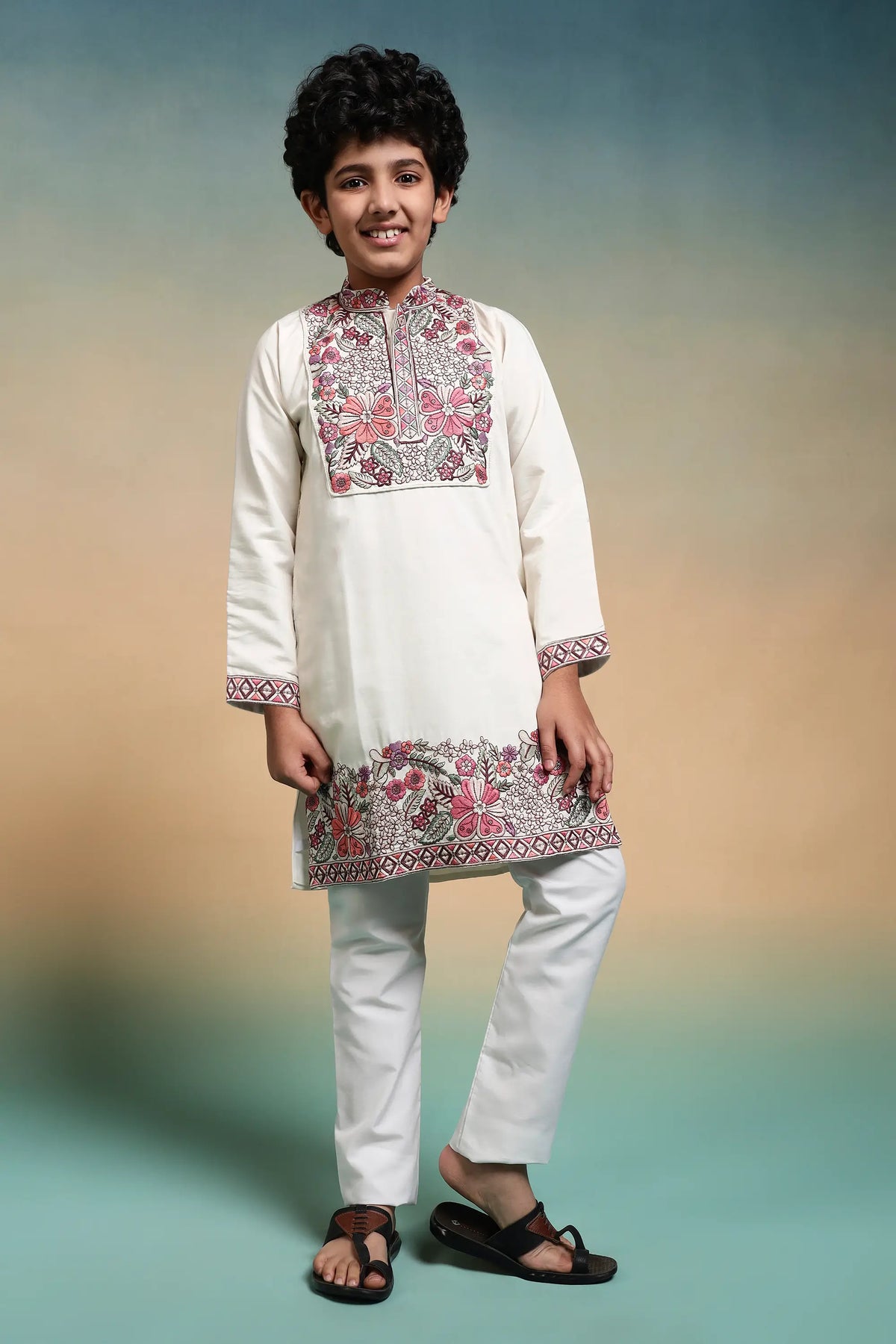 White Embroidery Work Kids Kurta Set