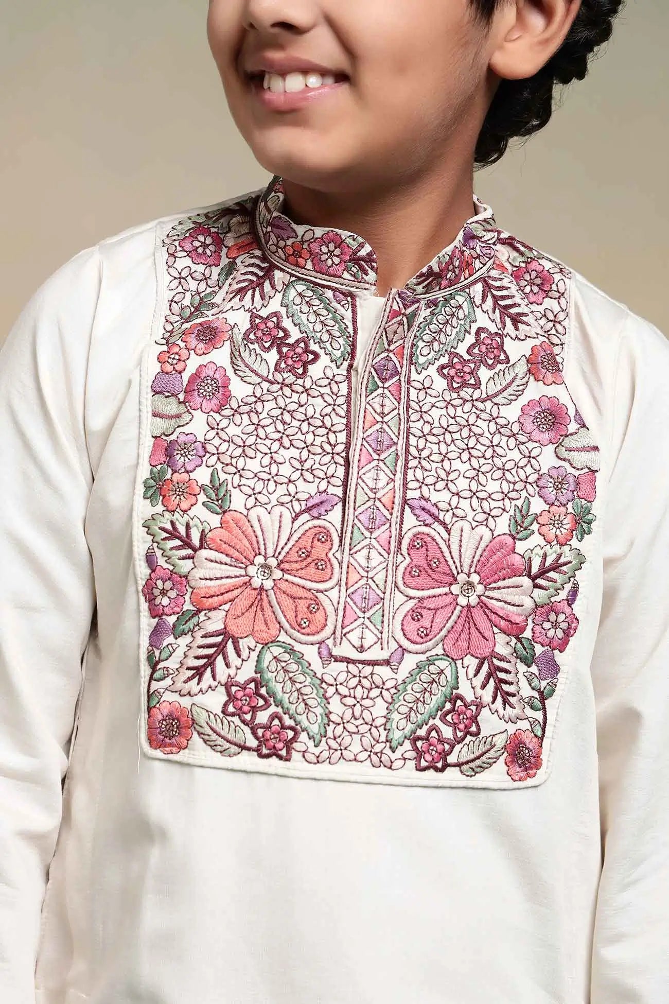 White Embroidery Work Kids Kurta Set