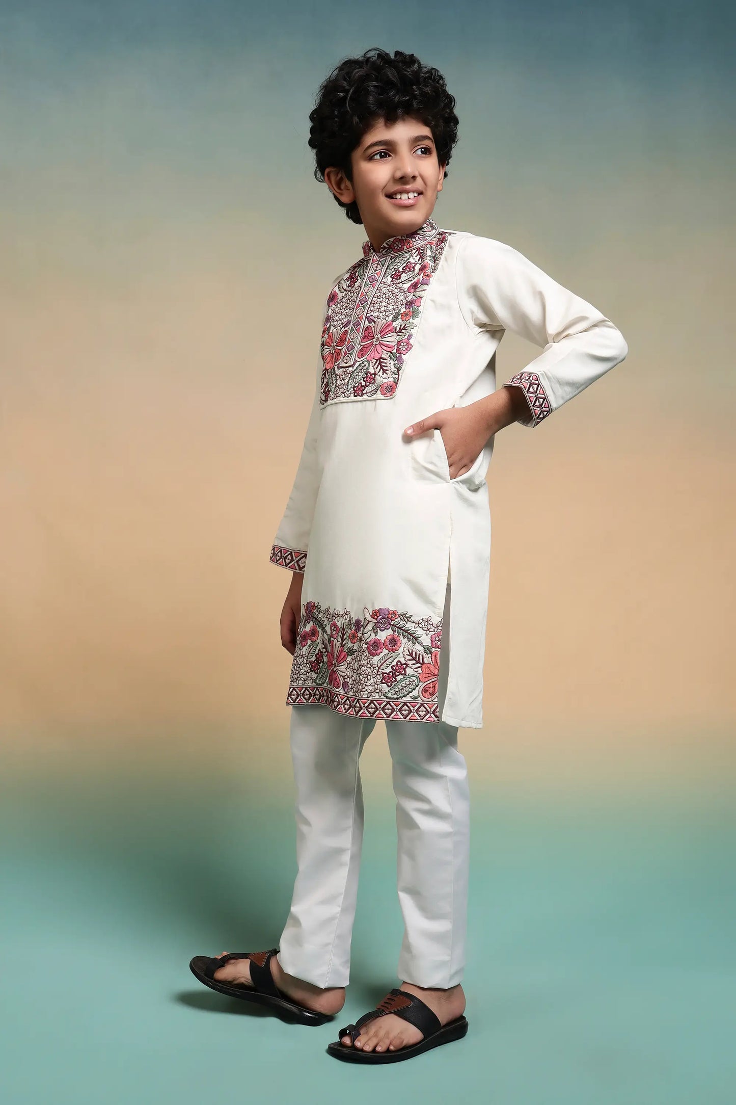 White Embroidery Work Kids Kurta Set