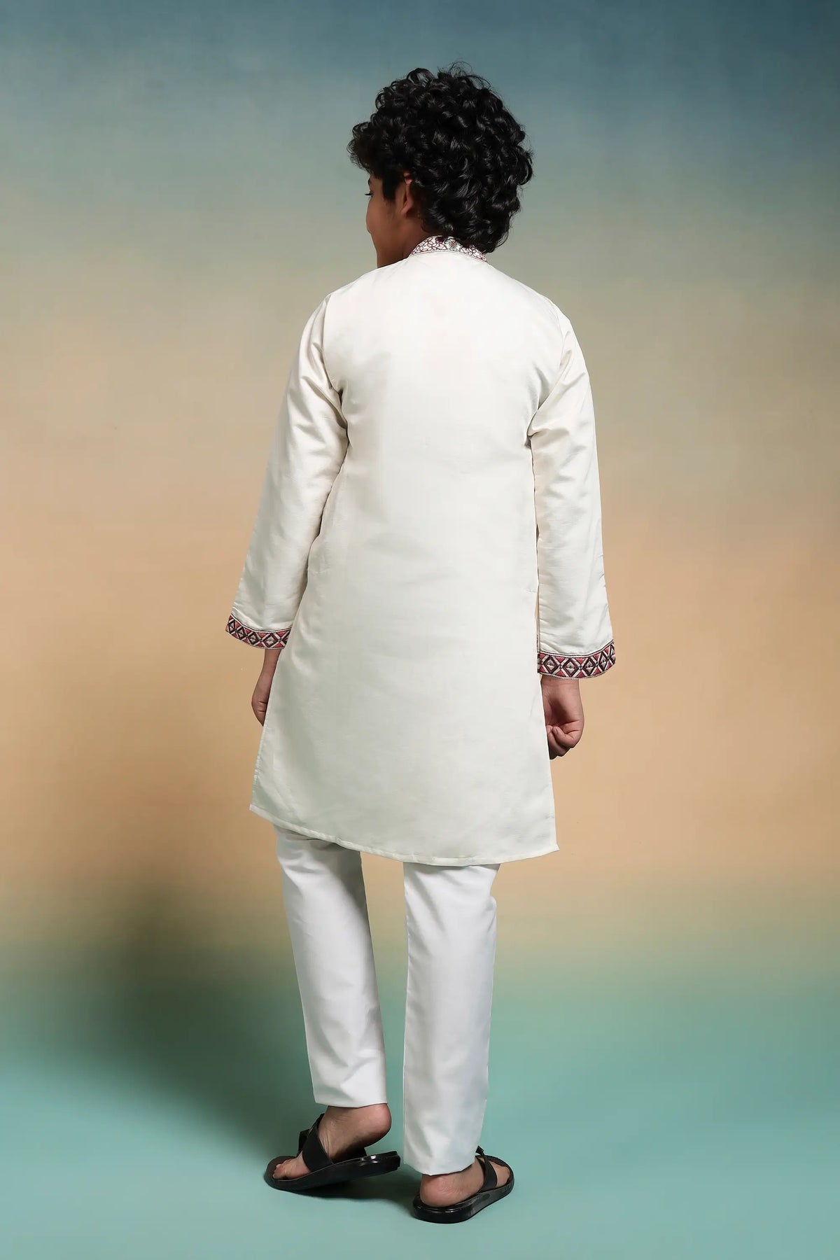 White Embroidery Work Kids Kurta Set