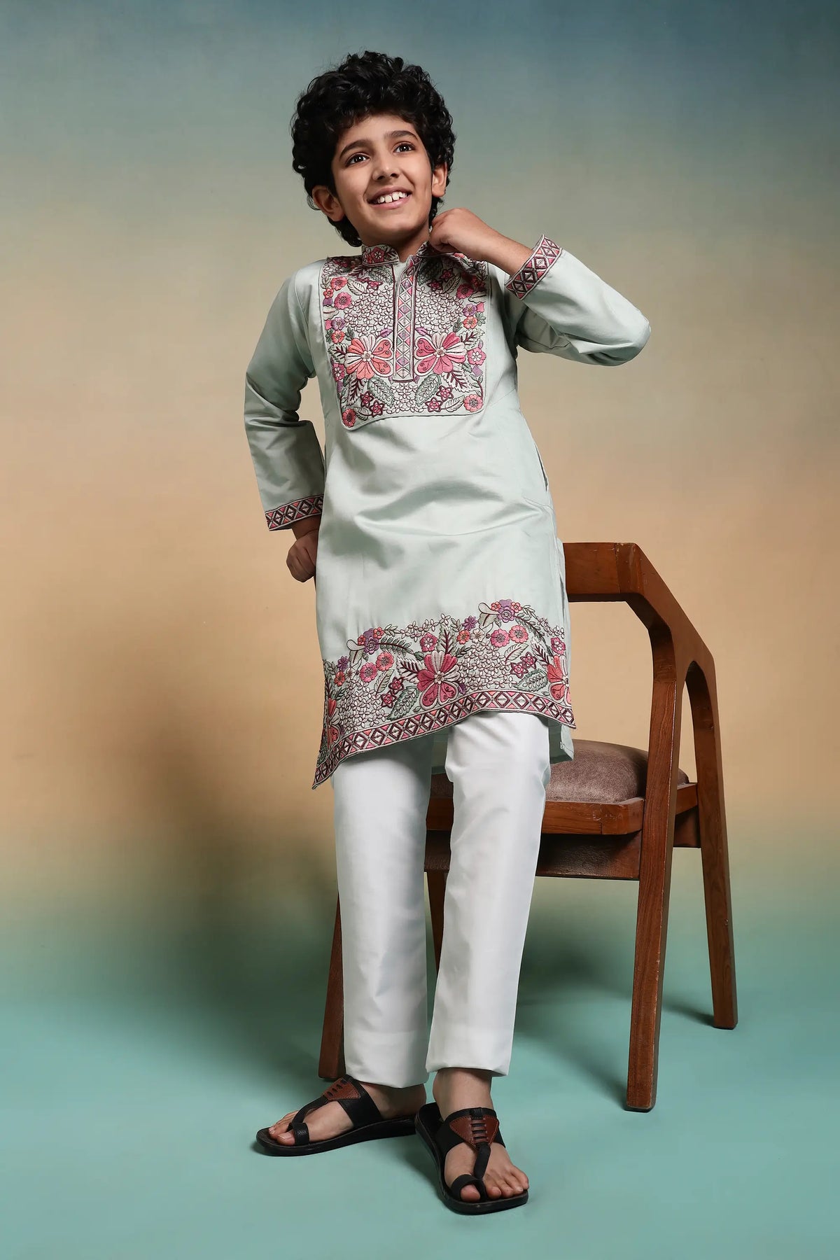 Pista Embroidery Work Kids Kurta Set