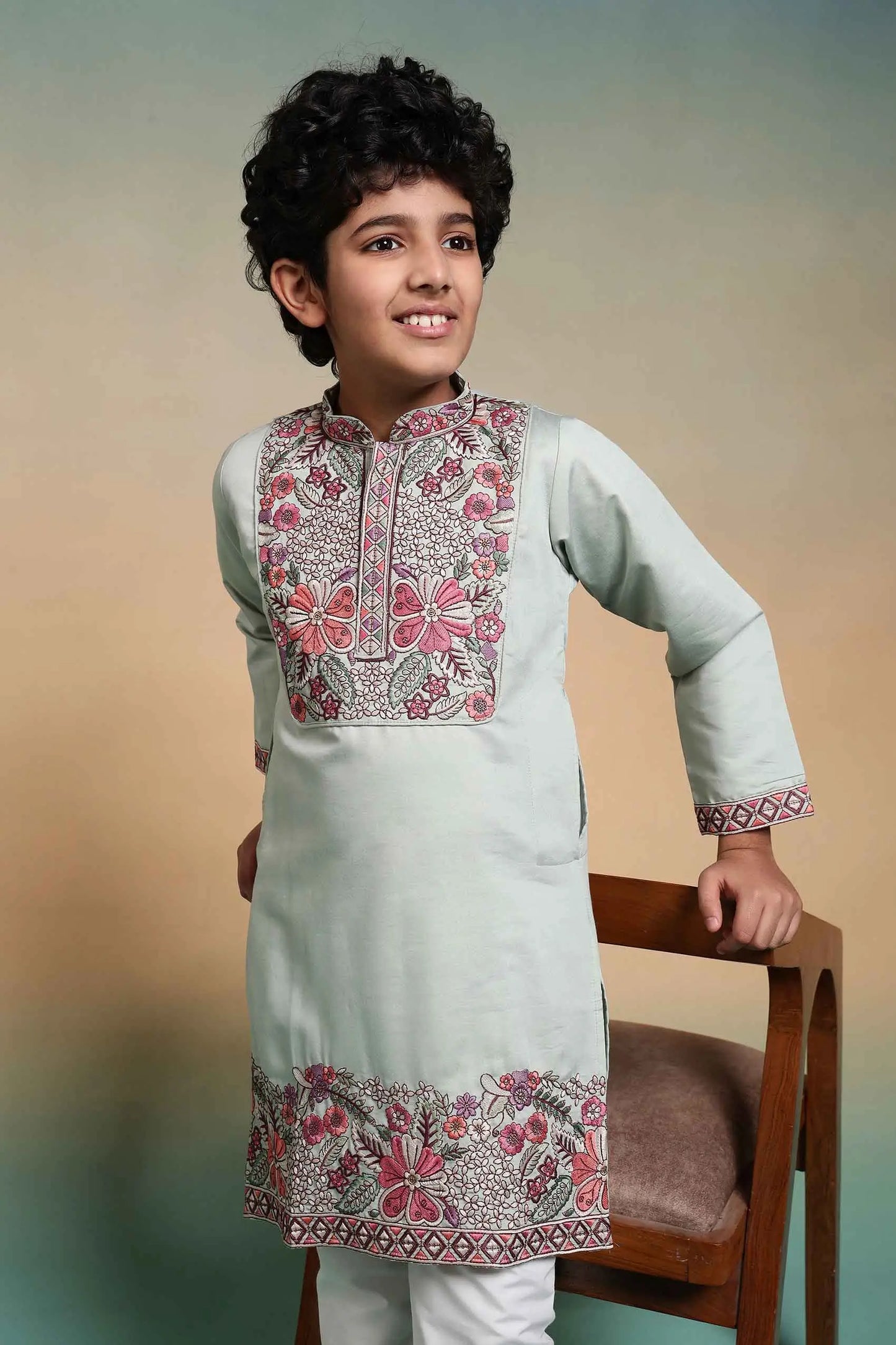 Pista Embroidery Work Kids Kurta Set