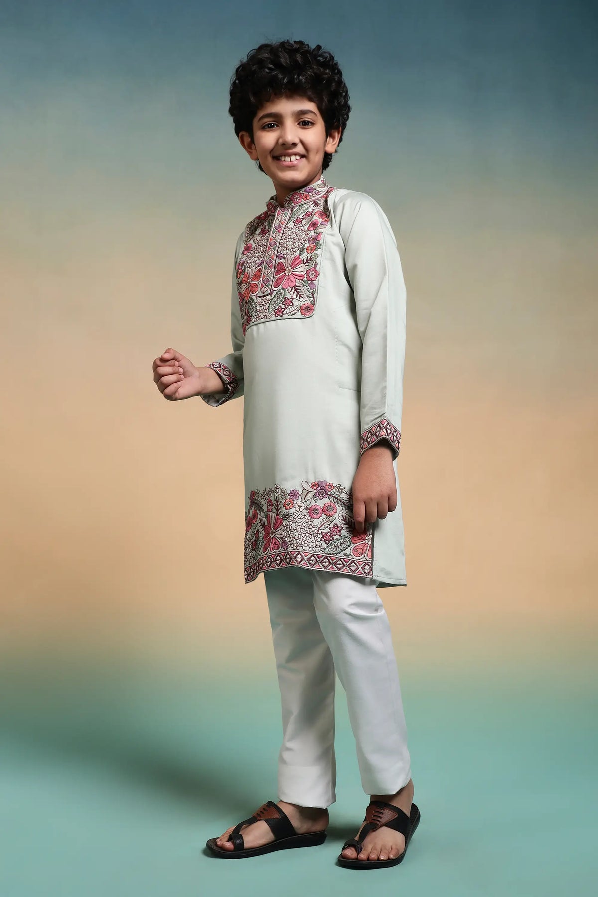 Pista Embroidery Work Kids Kurta Set