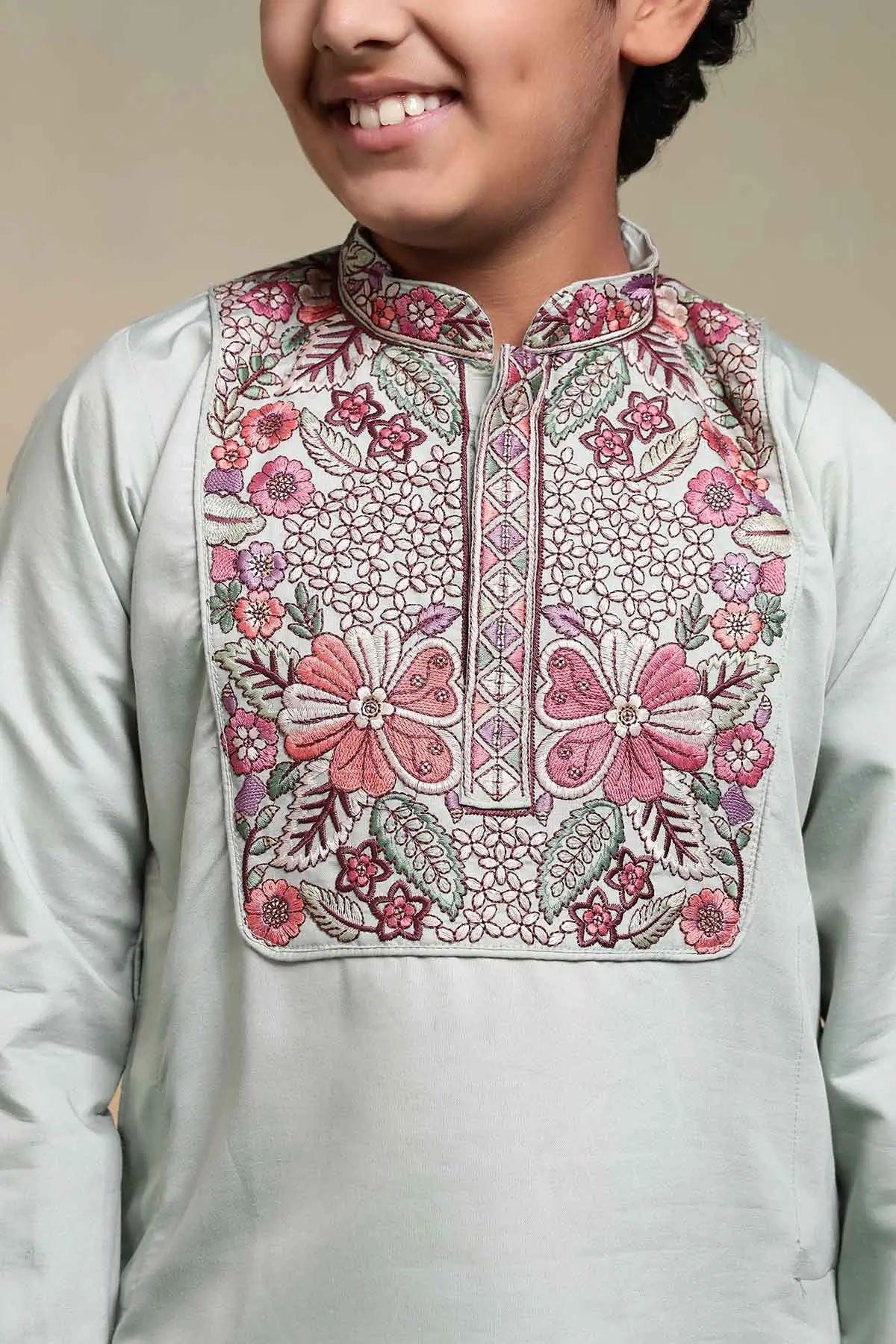 Pista Embroidery Work Kids Kurta Set