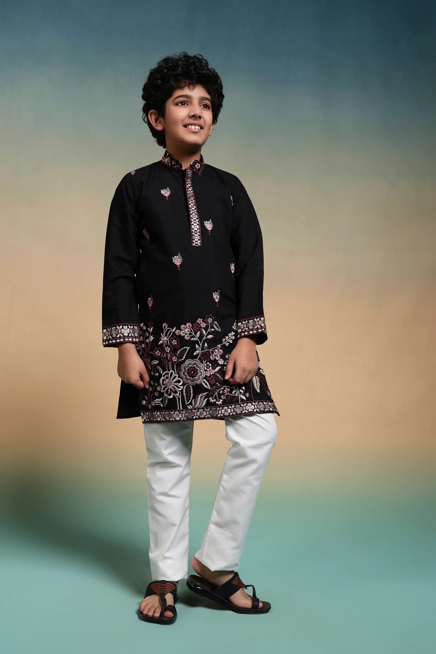 Black Embroidery Silk Kurta Set
