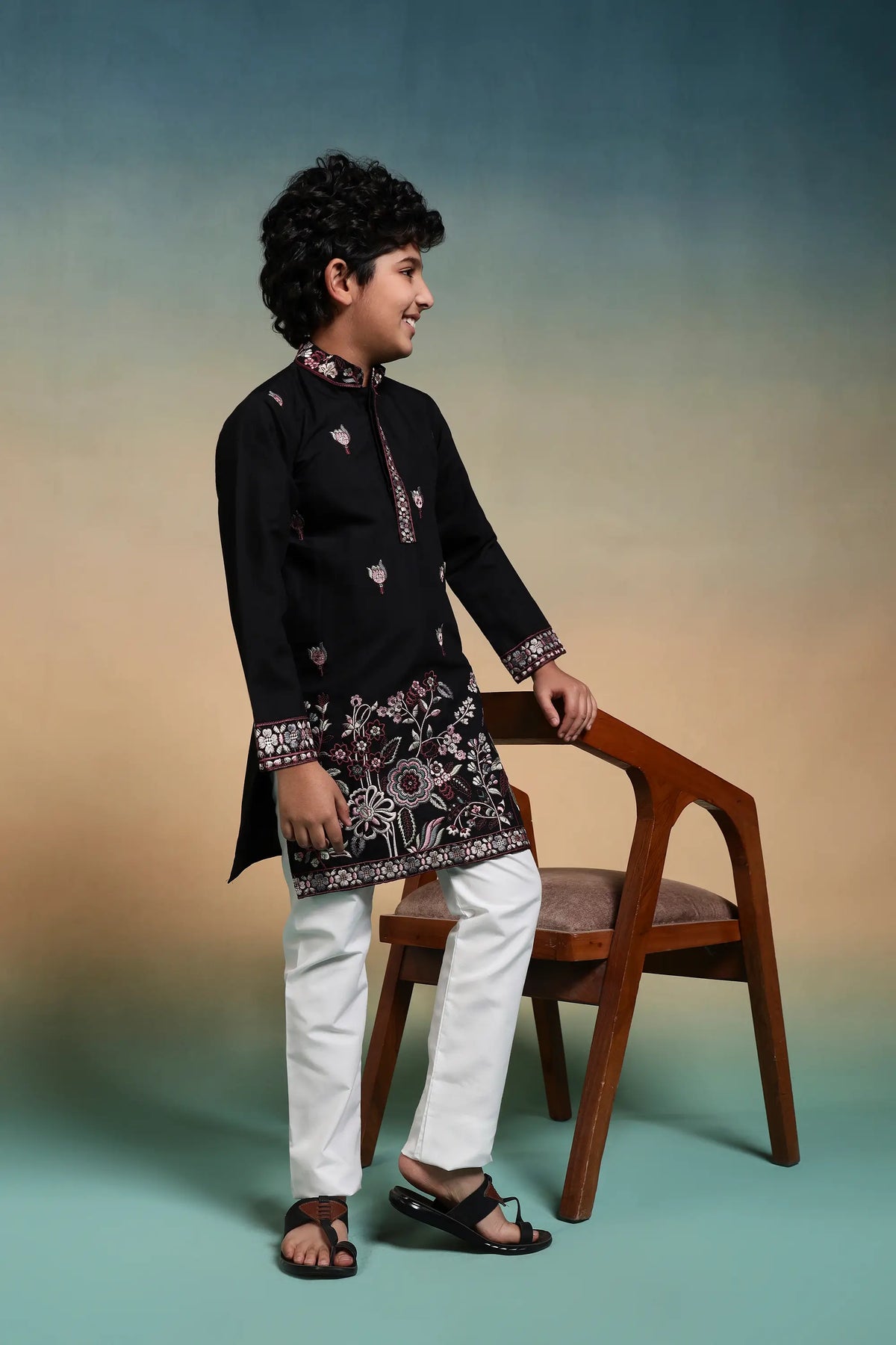 Black Embroidery Silk Kurta Set