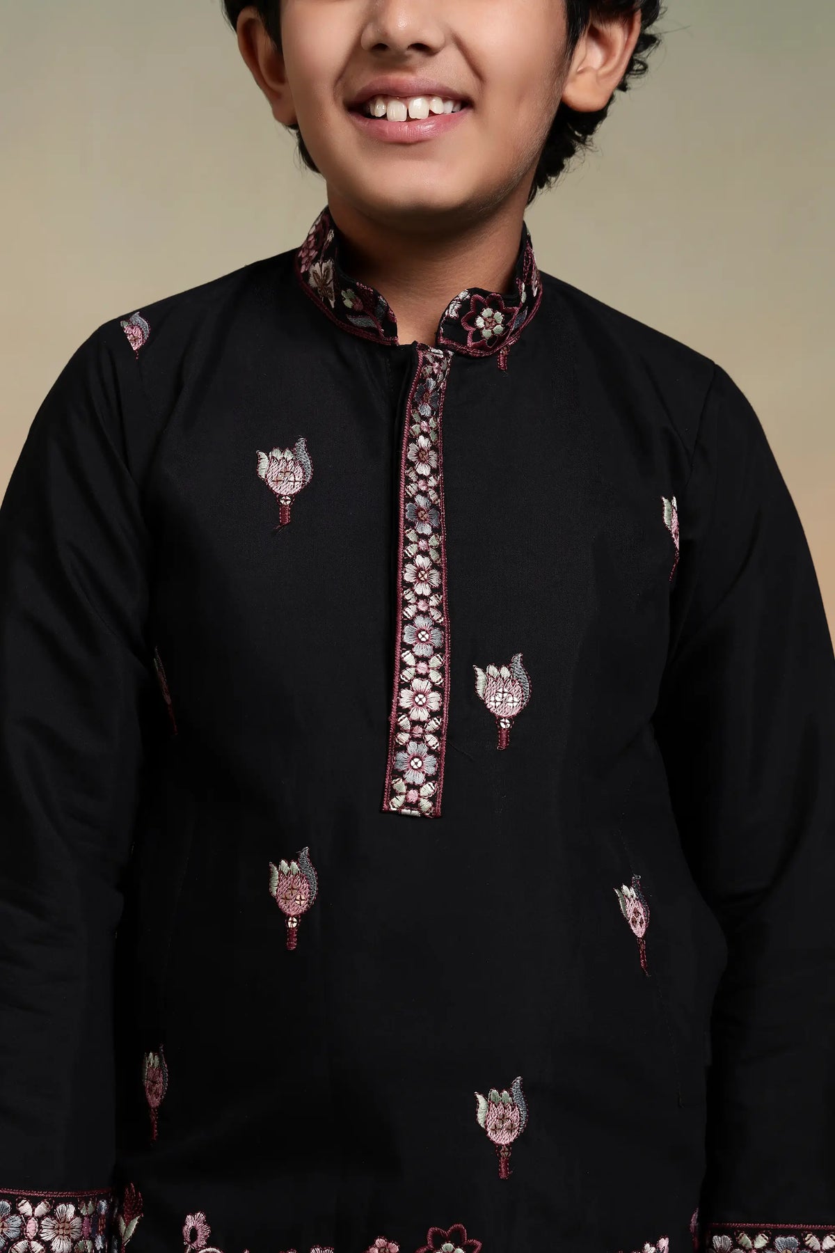 Black Embroidery Silk Kurta Set