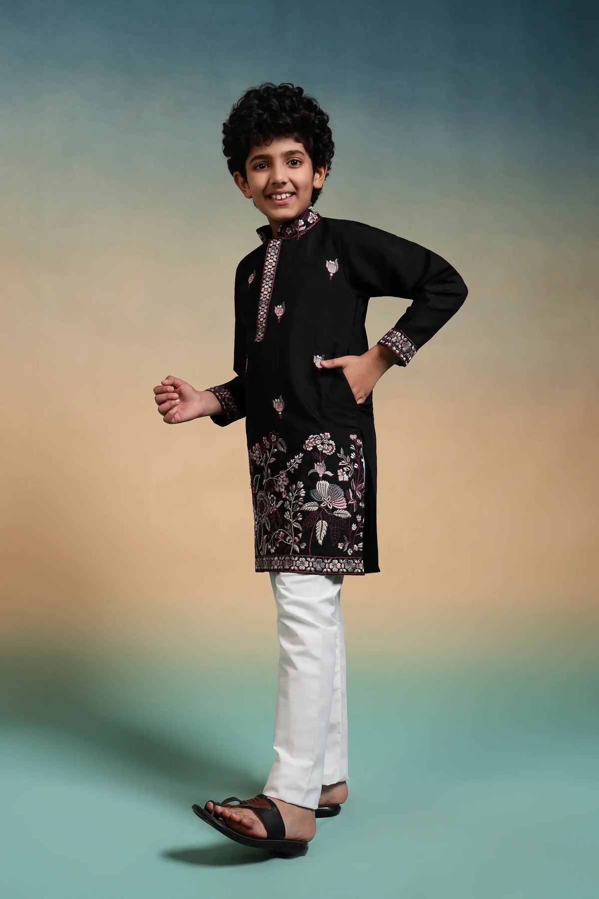 Black Embroidery Silk Kurta Set