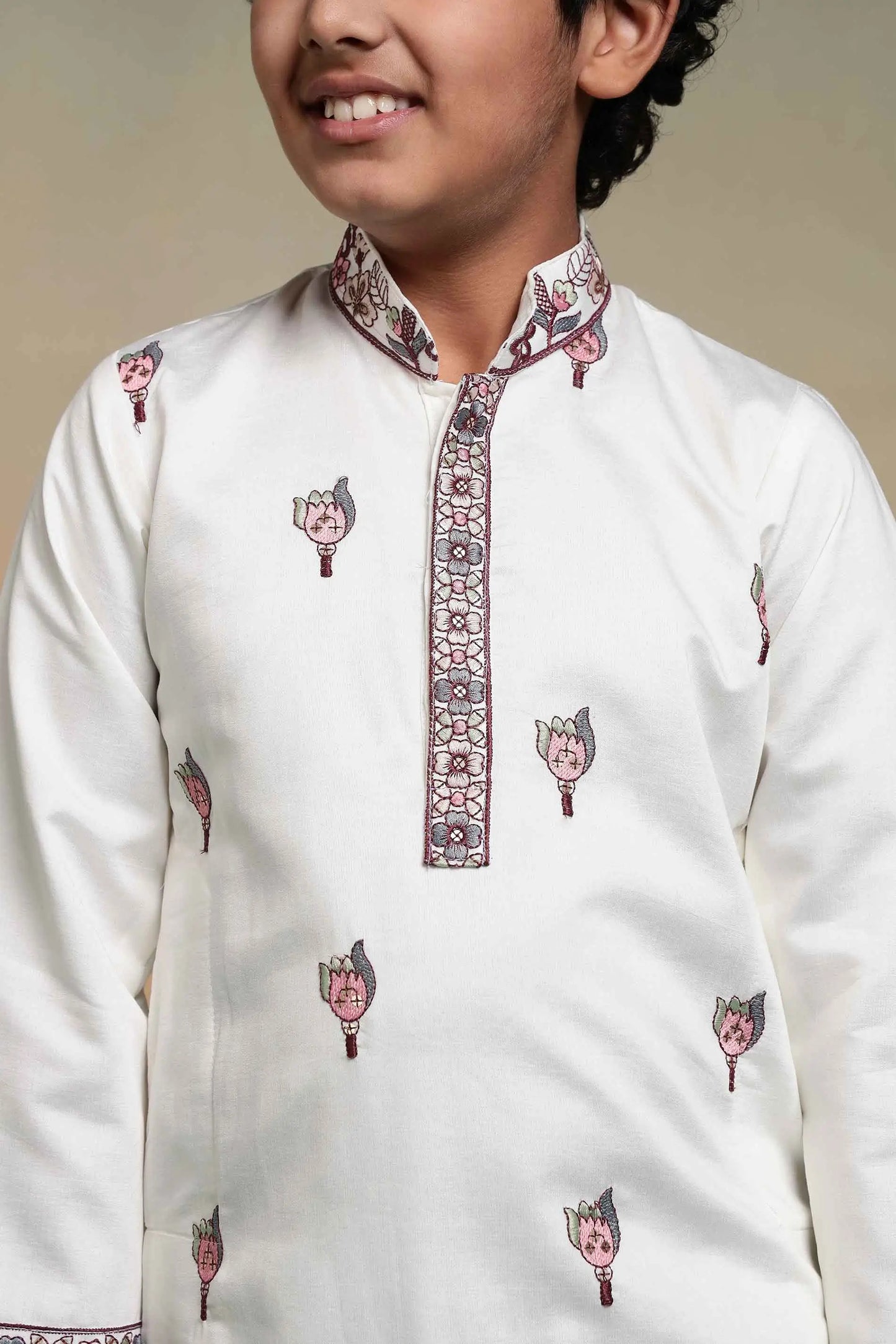 White Embroidery Silk Kurta Set