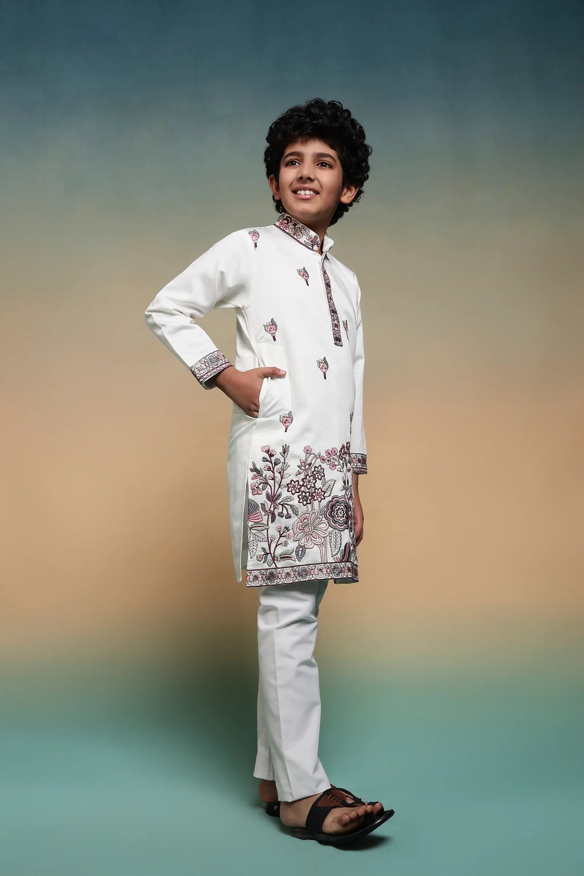 White Embroidery Silk Kurta Set