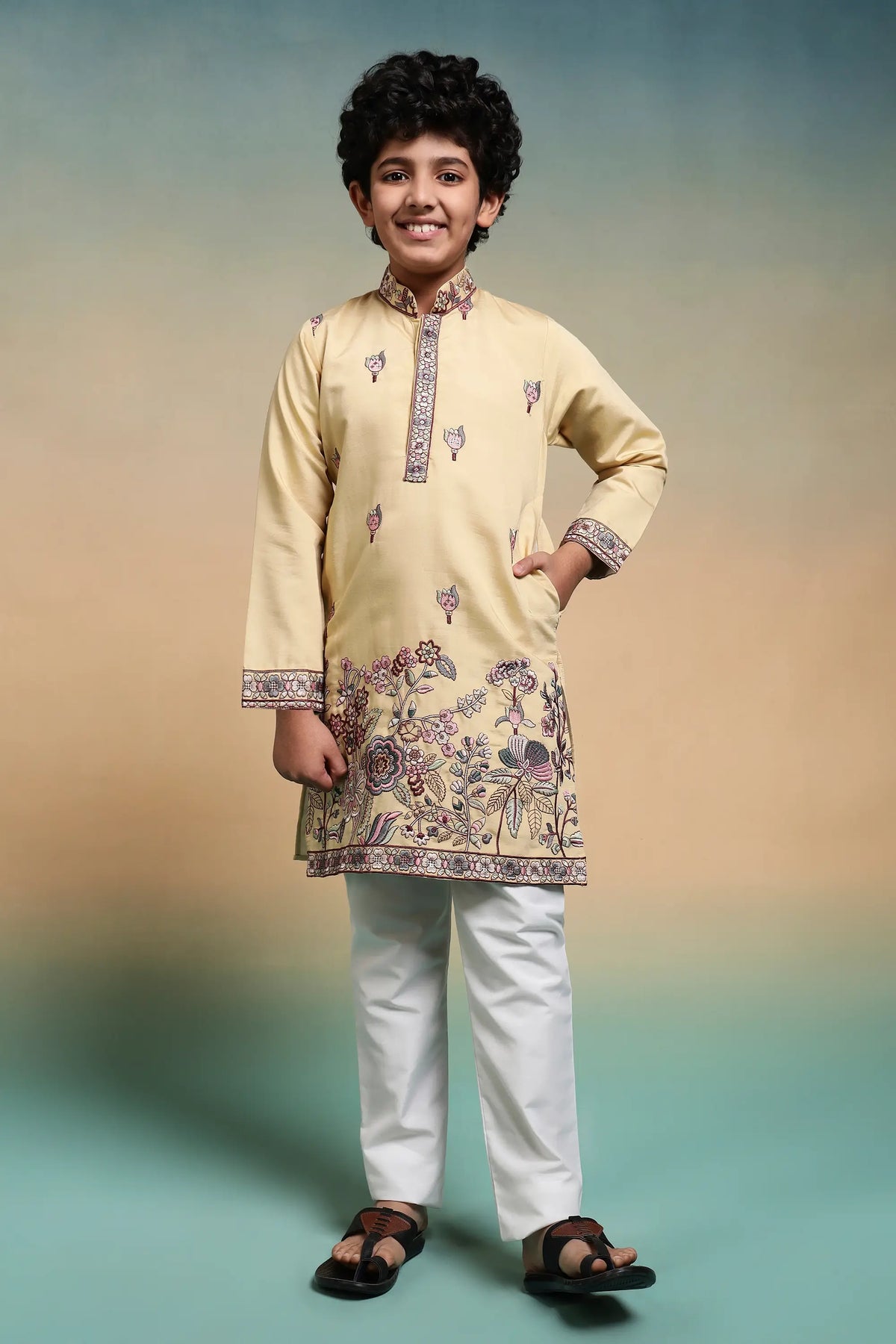 Yellow Embroidery Silk Kurta Set