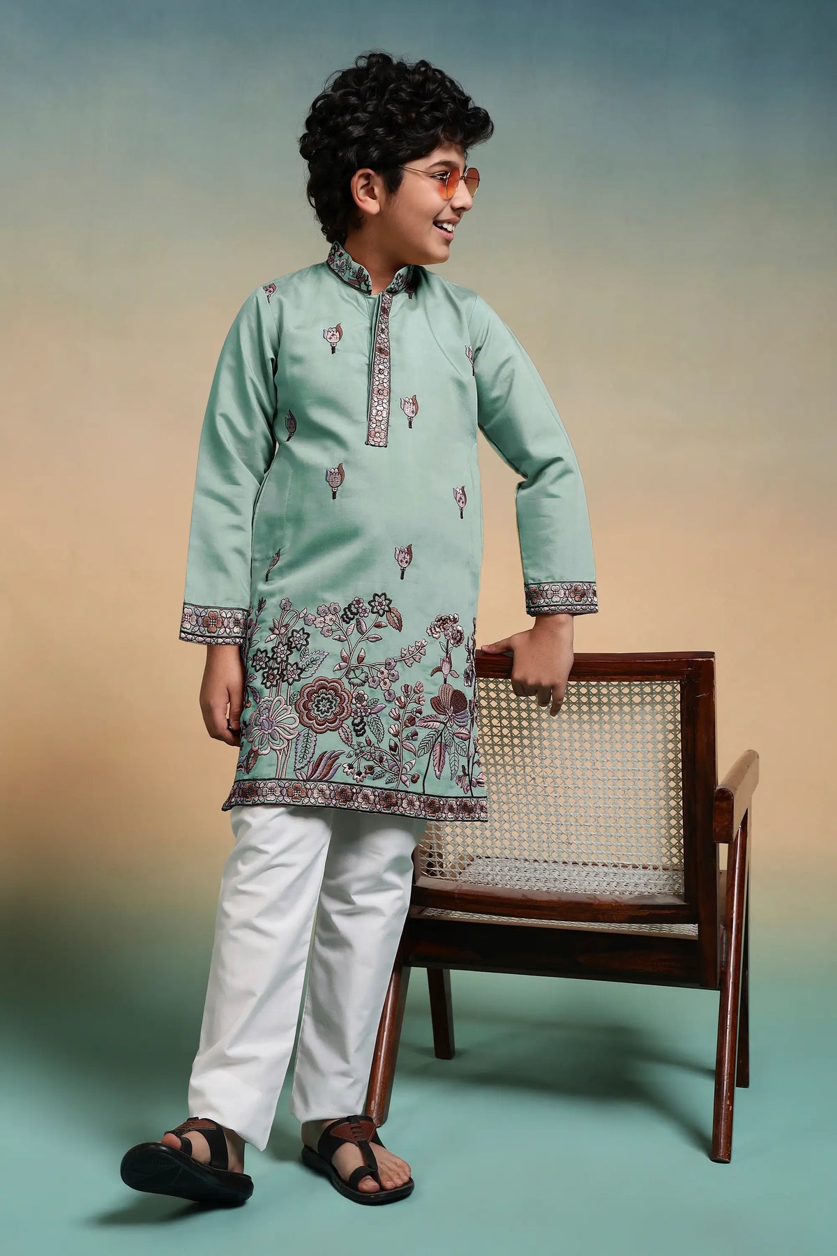 Pista Embroidery Silk Kurta Set