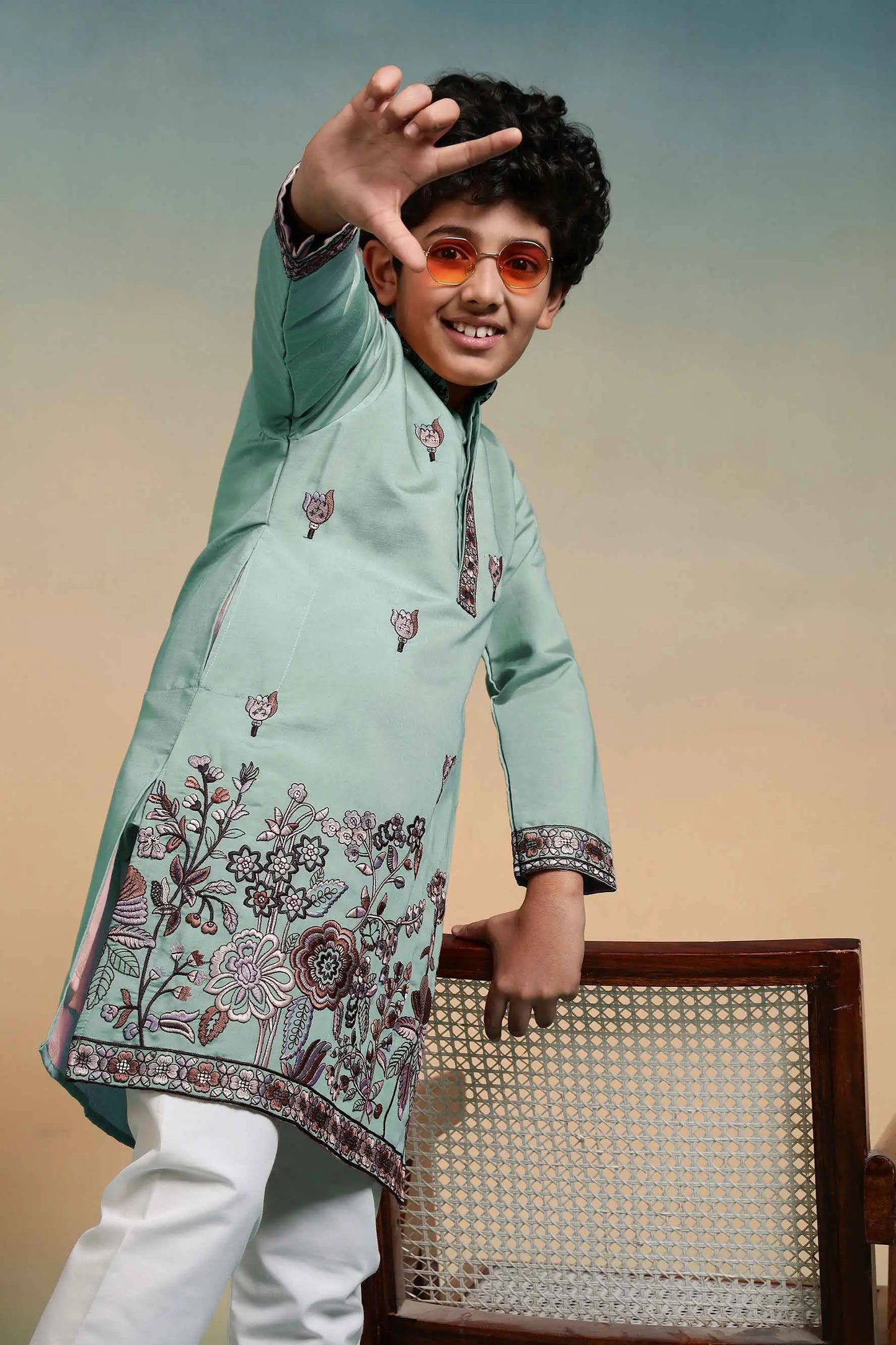 Pista Embroidery Silk Kurta Set