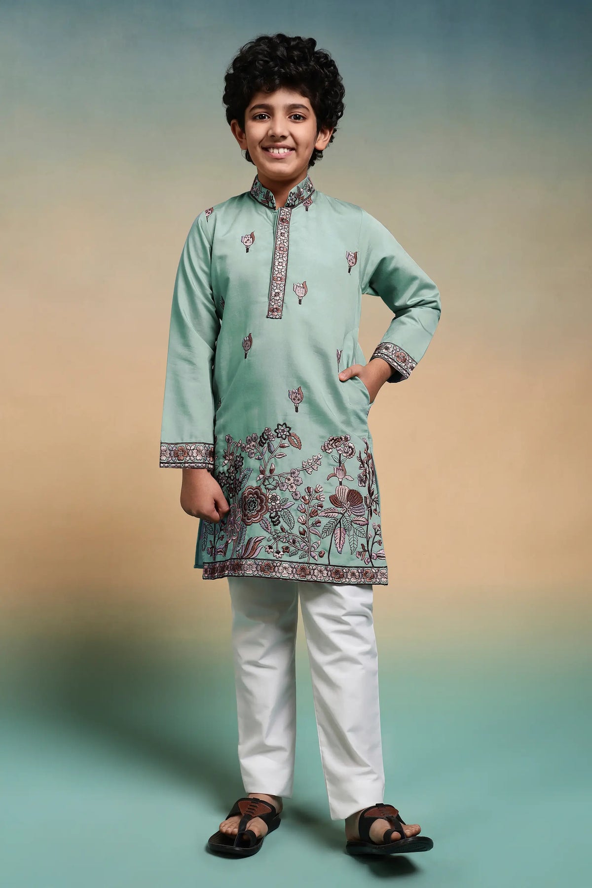 Pista Embroidery Silk Kurta Set