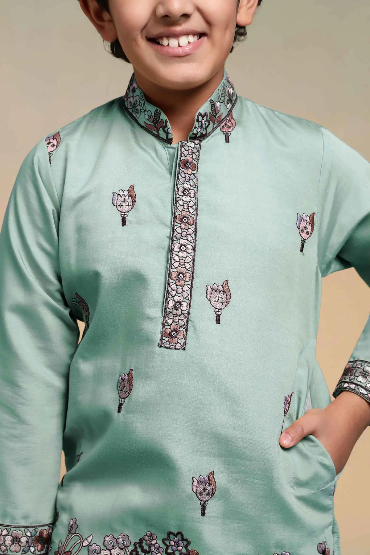 Pista Embroidery Silk Kurta Set
