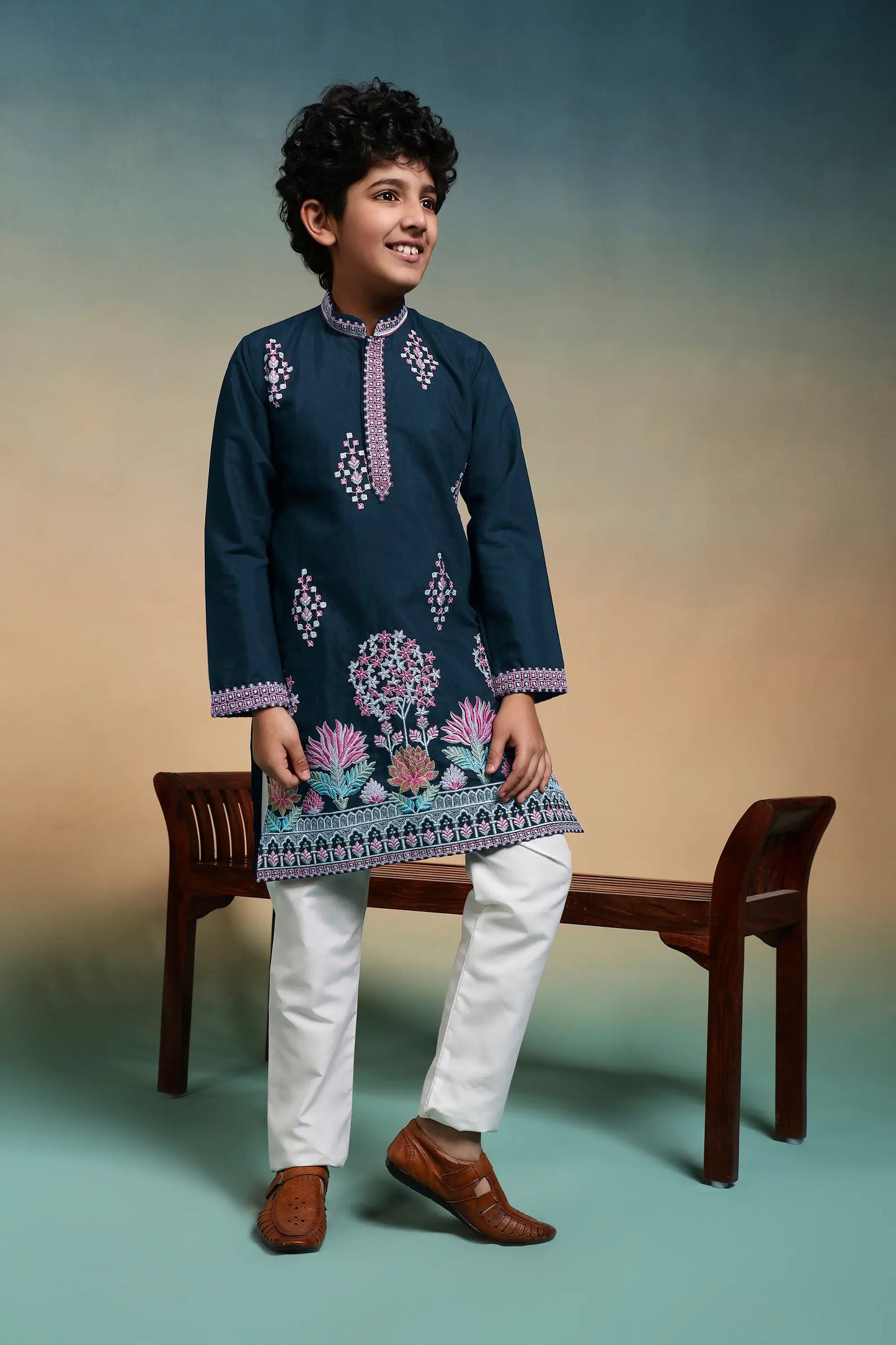 Teal Blue Embroidered Kids Kurta Set