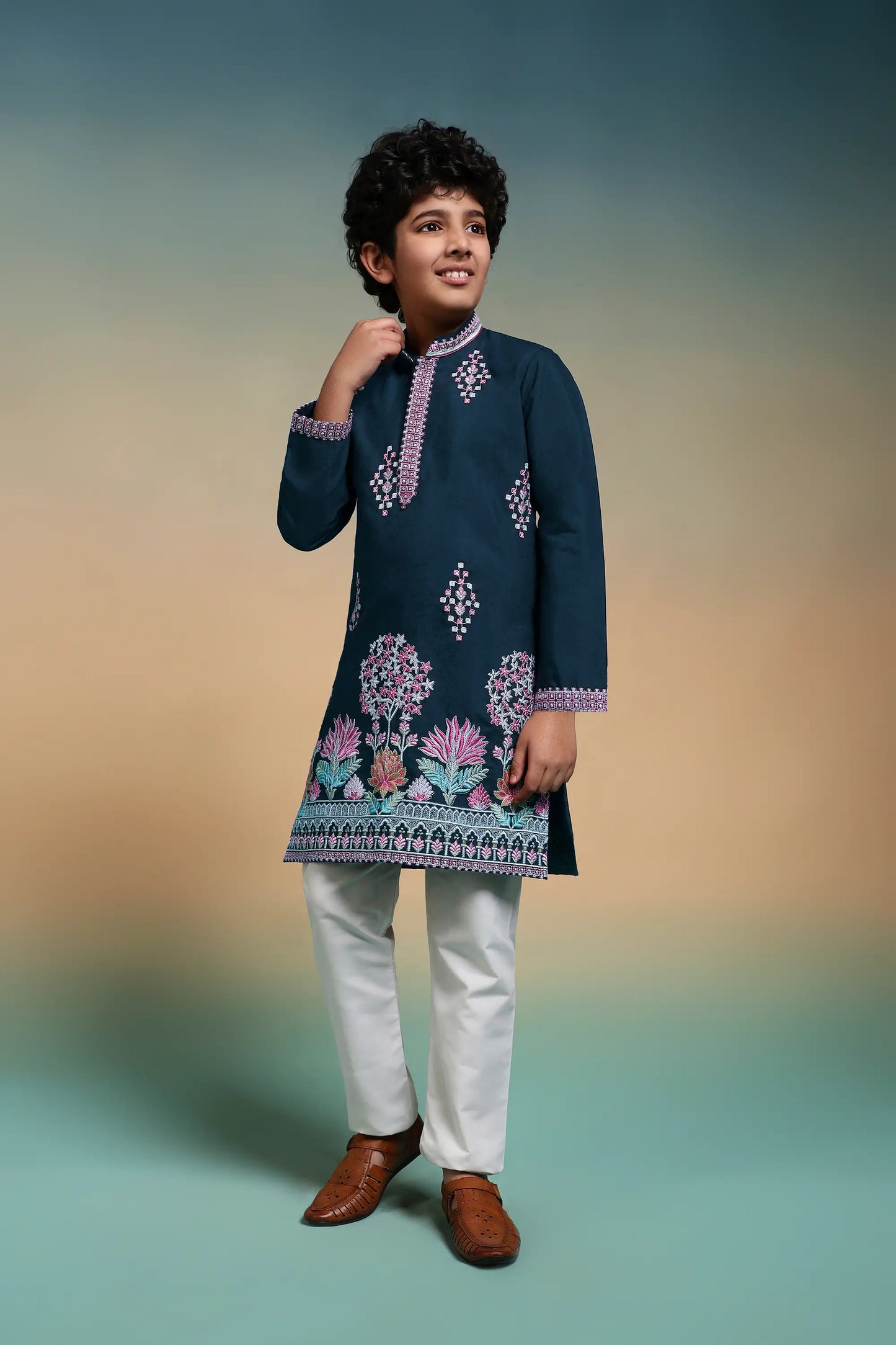 Teal Blue Embroidered Kids Kurta Set