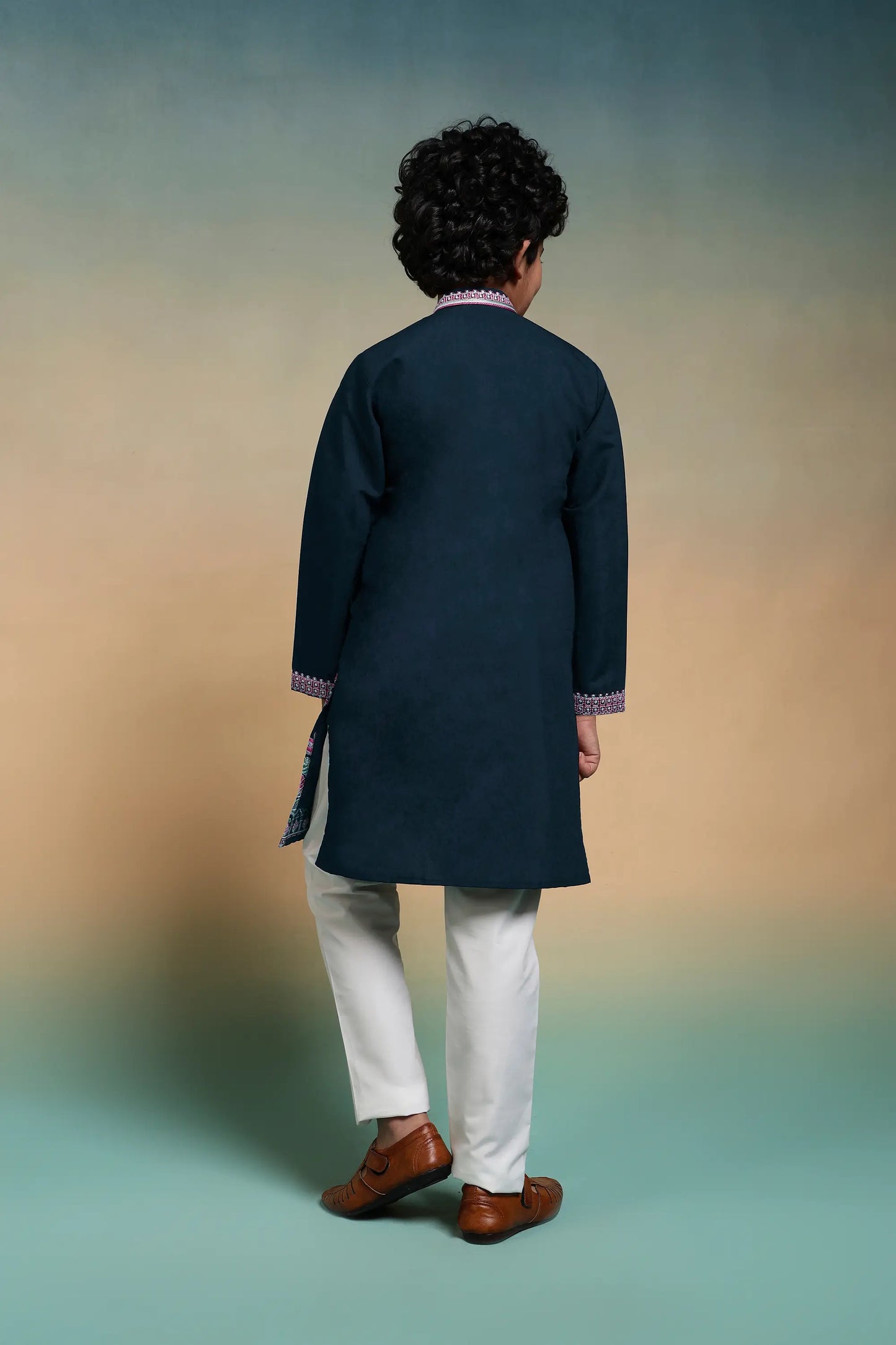 Teal Blue Embroidered Kids Kurta Set
