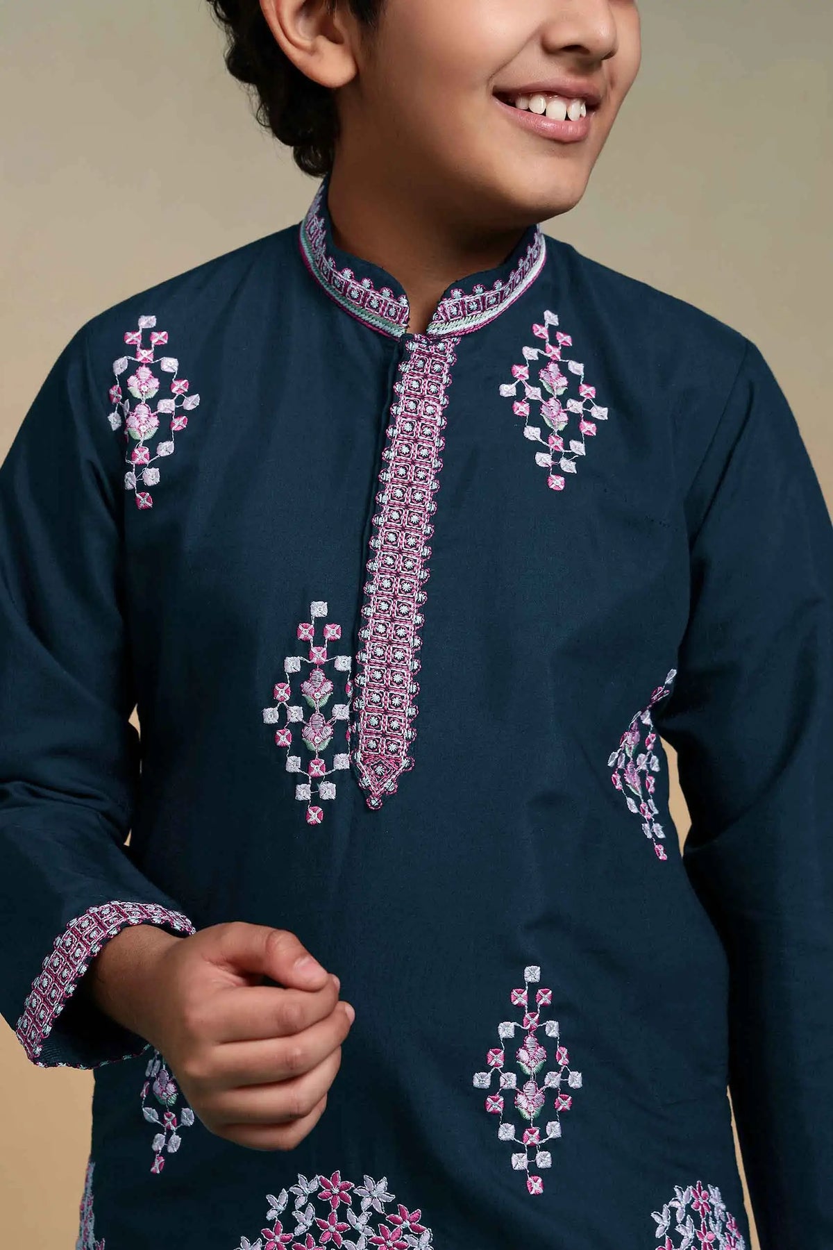 Teal Blue Embroidered Kids Kurta Set