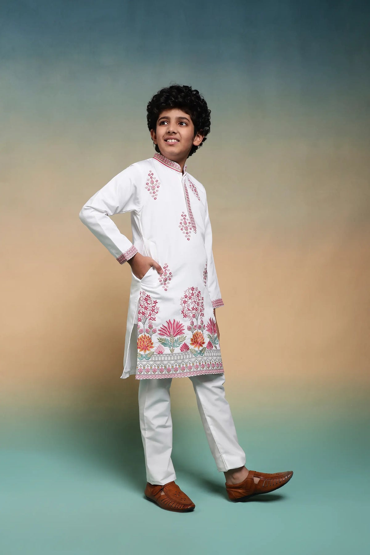 White Embroidered Kids Kurta Set