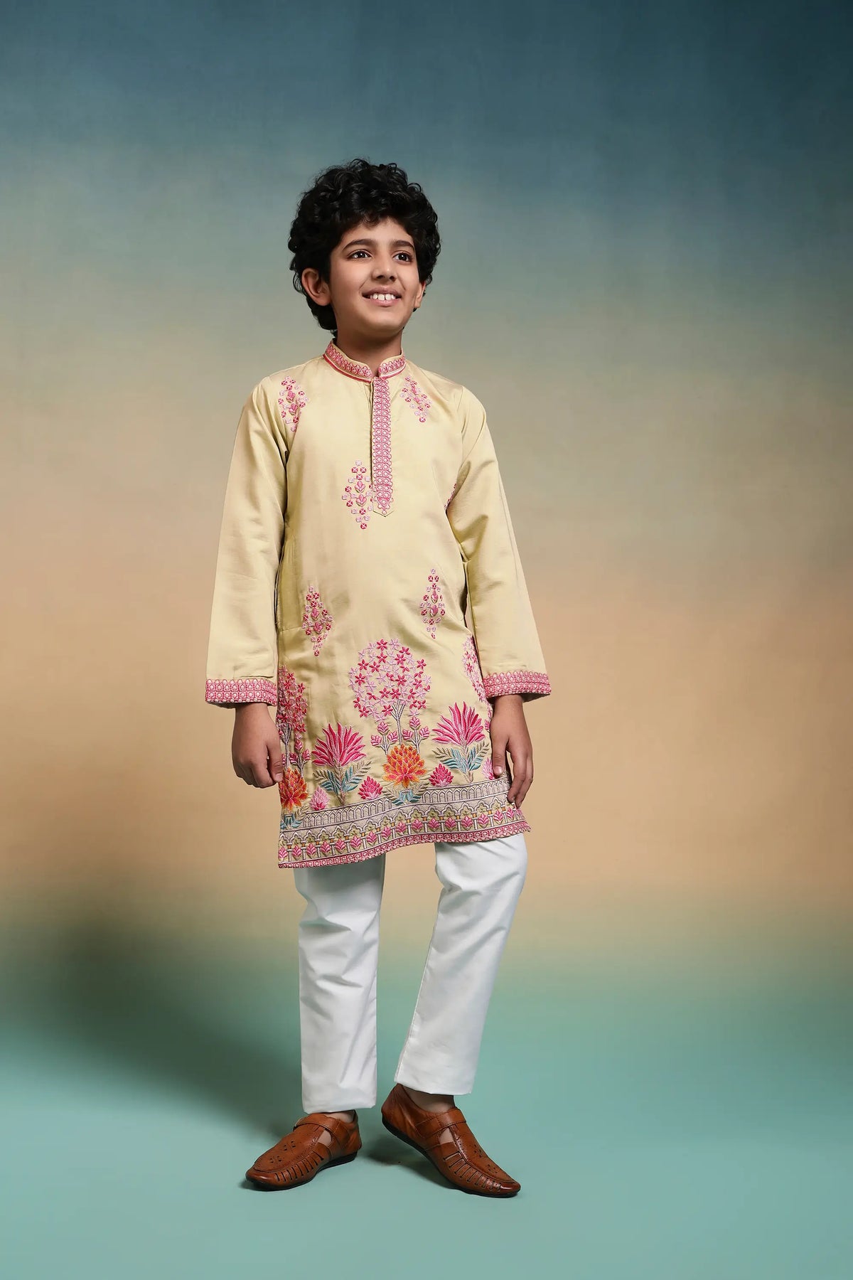 Yellow Embroidered Kids Kurta Set