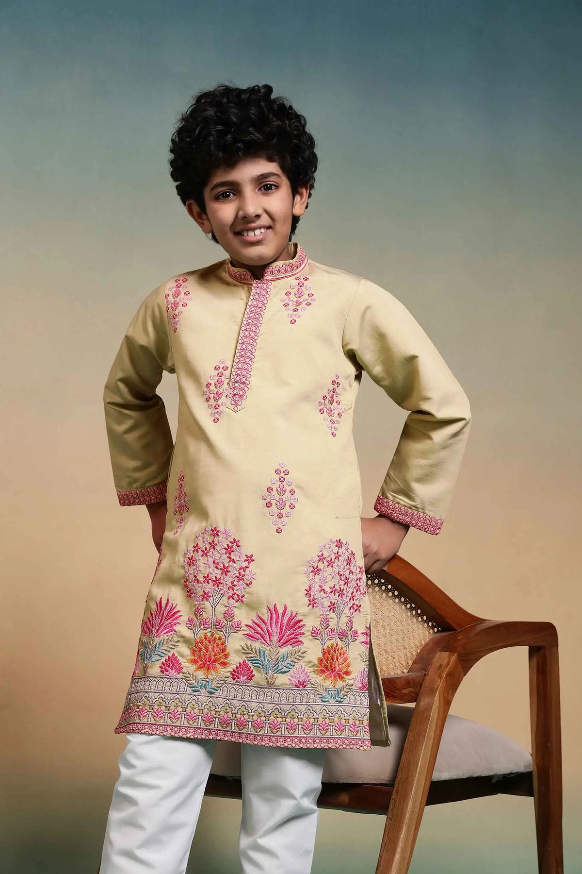 Yellow Embroidered Kids Kurta Set