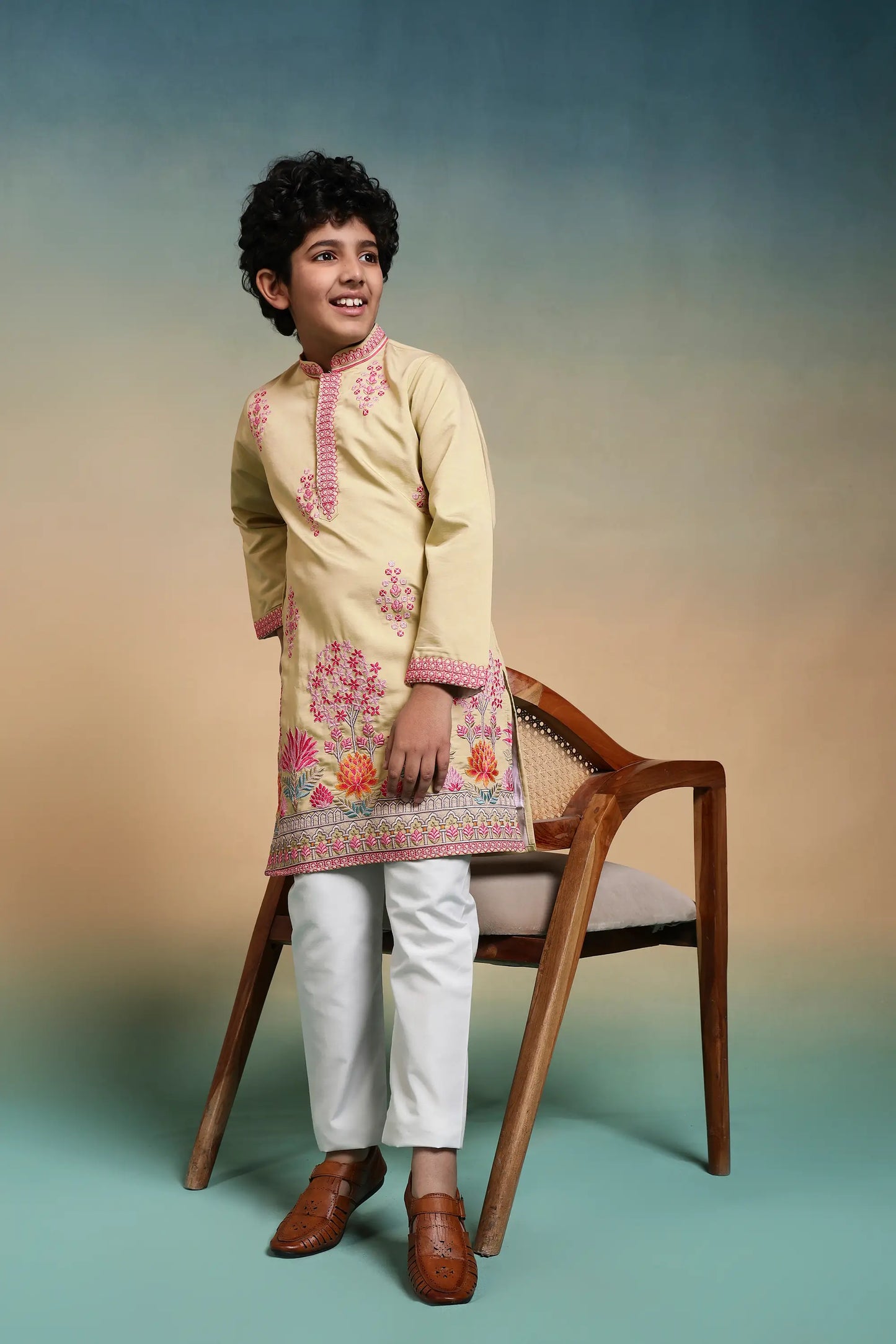 Yellow Embroidered Kids Kurta Set
