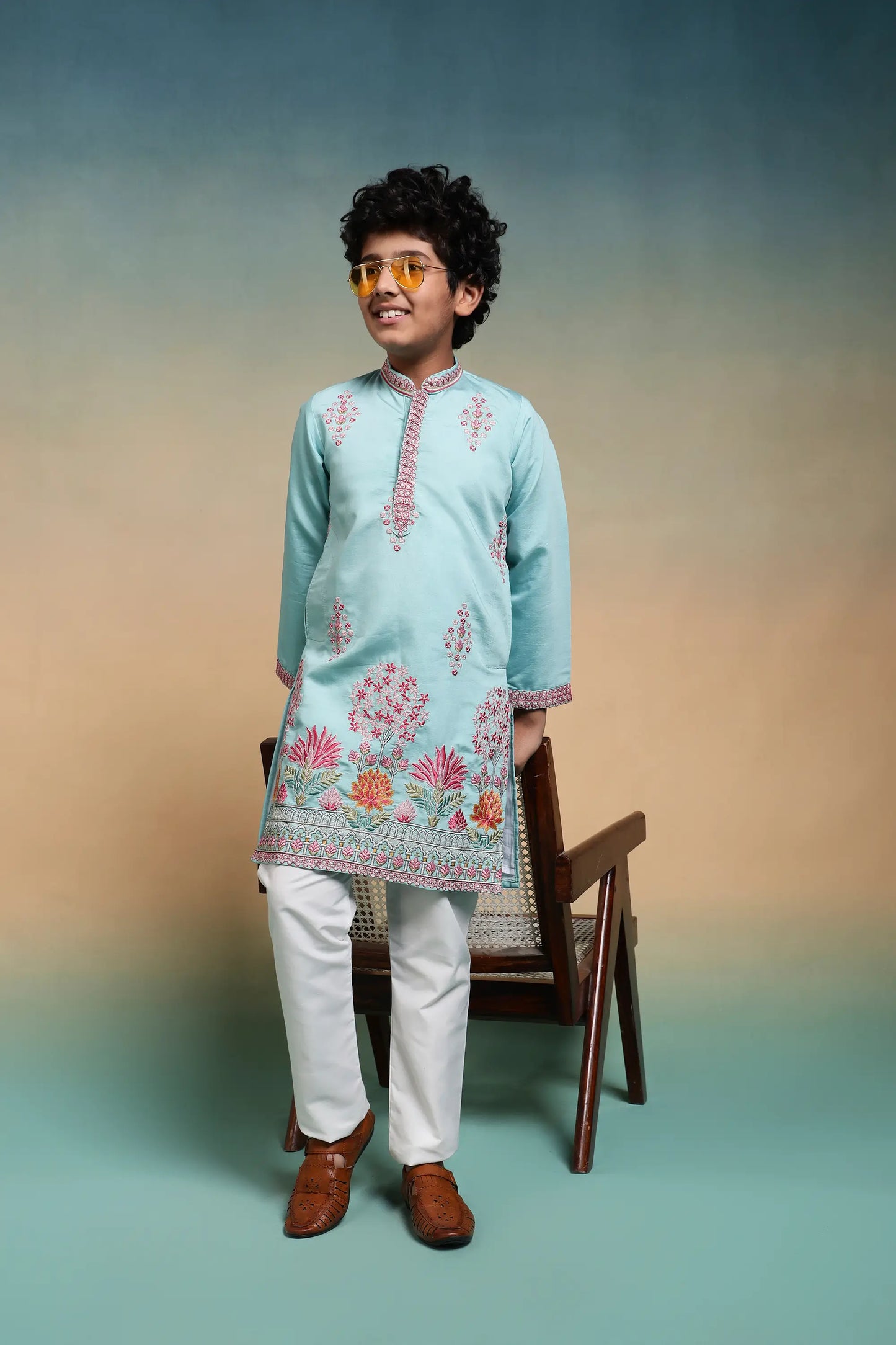 Sky Blue Embroidered Kids Kurta Set
