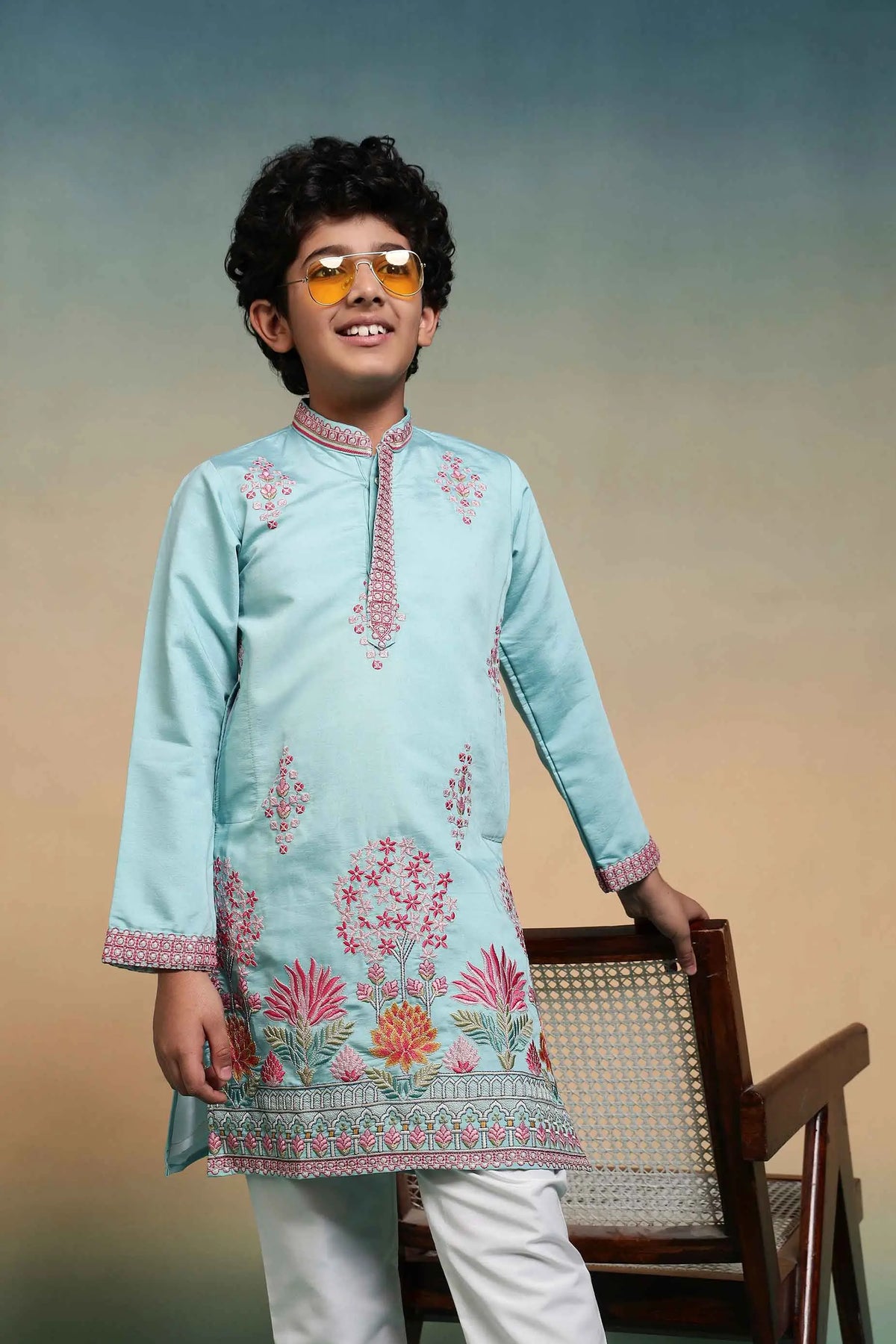 Sky Blue Embroidered Kids Kurta Set