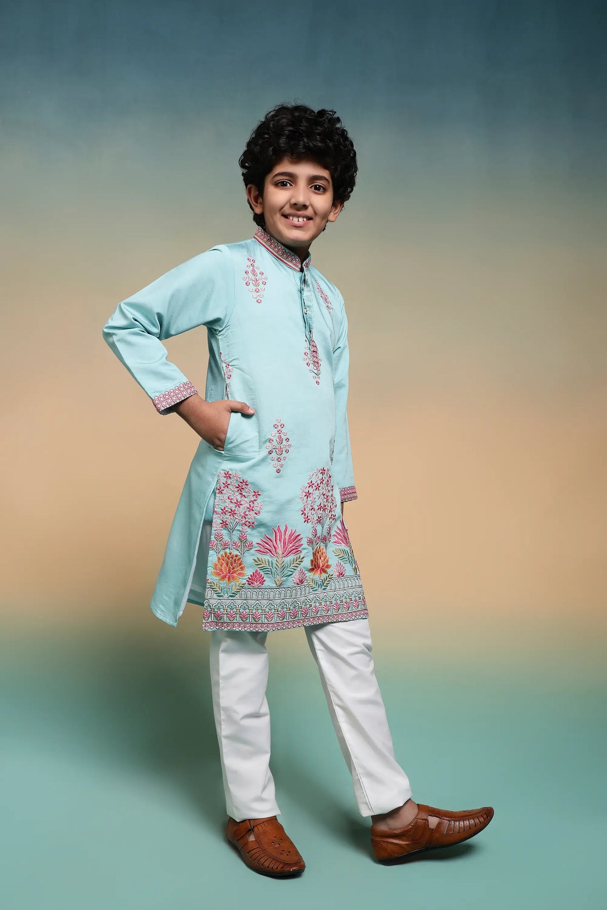 Sky Blue Embroidered Kids Kurta Set