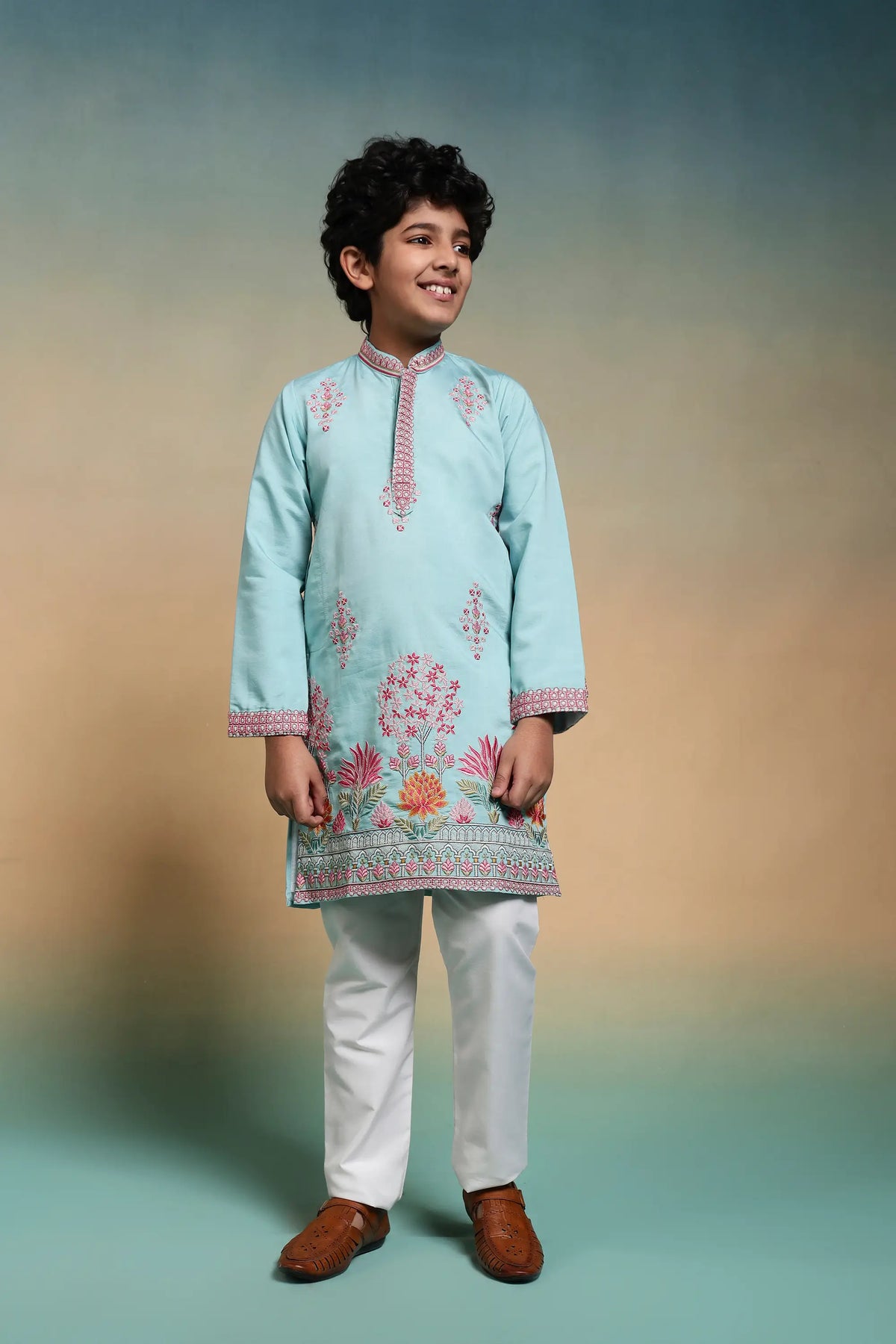 Sky Blue Embroidered Kids Kurta Set