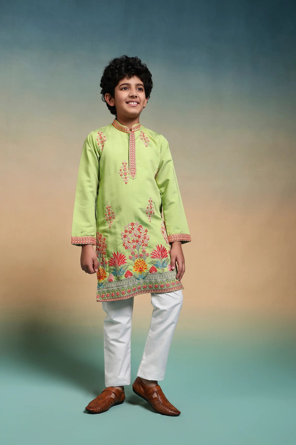 Pista Embroidered Kids Kurta Set