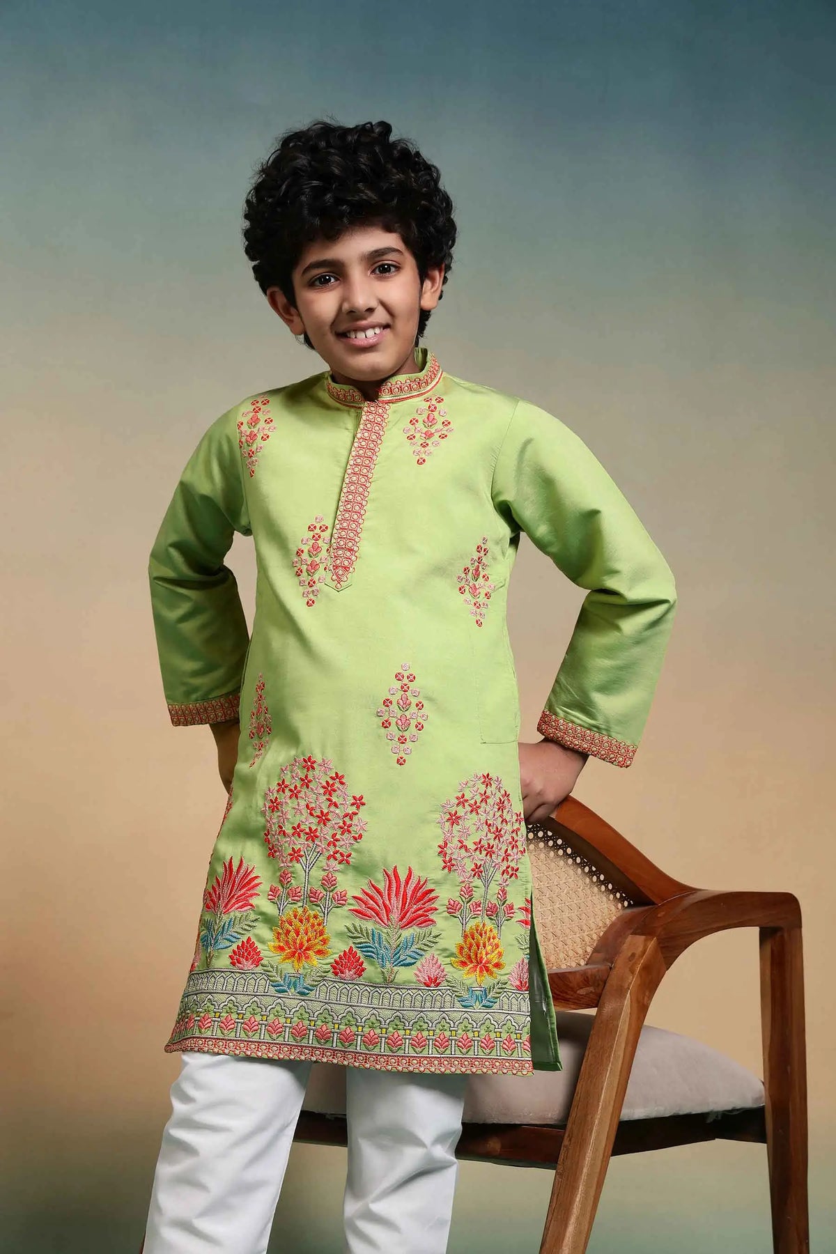 Pista Embroidered Kids Kurta Set