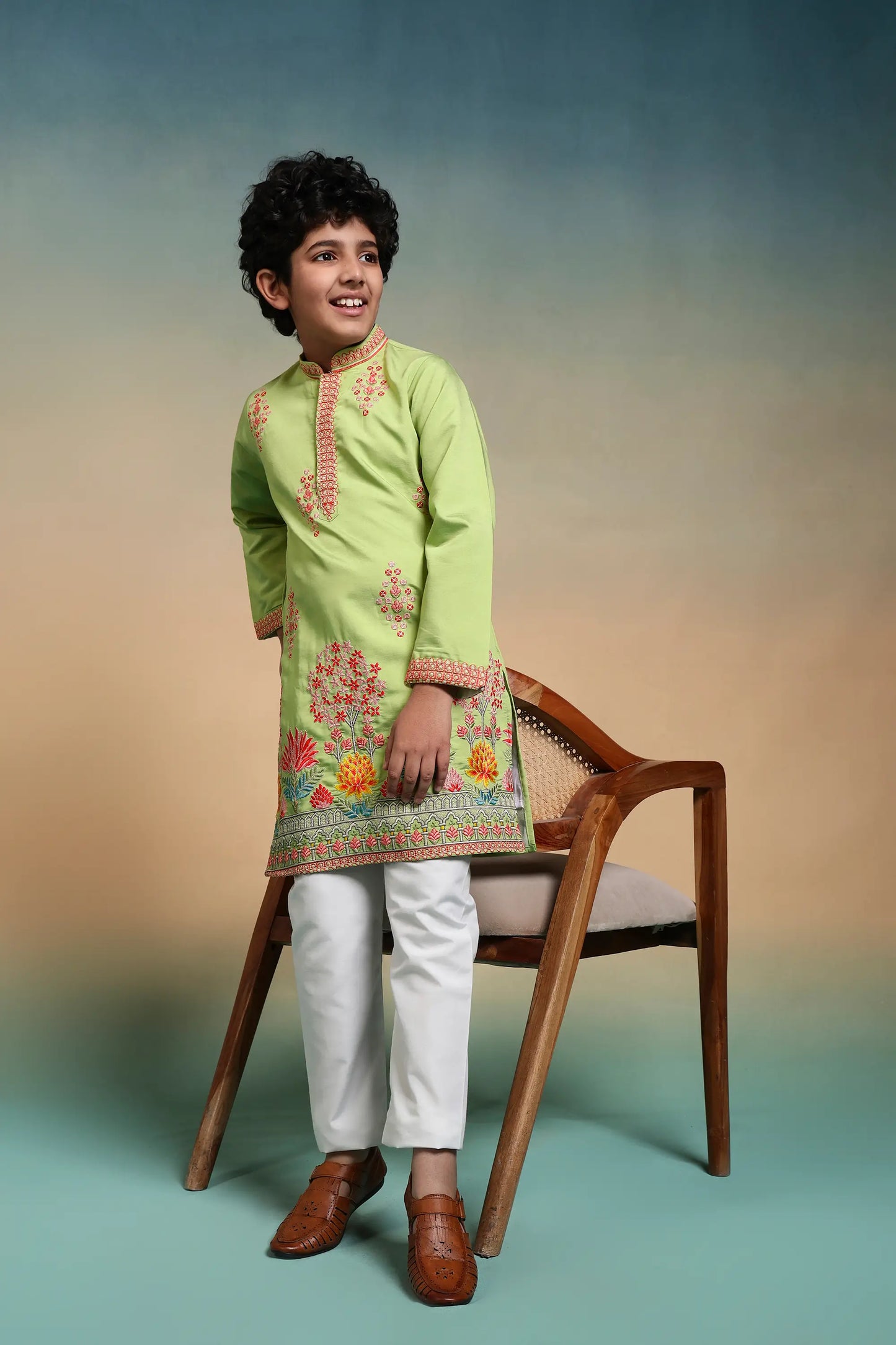 Pista Embroidered Kids Kurta Set