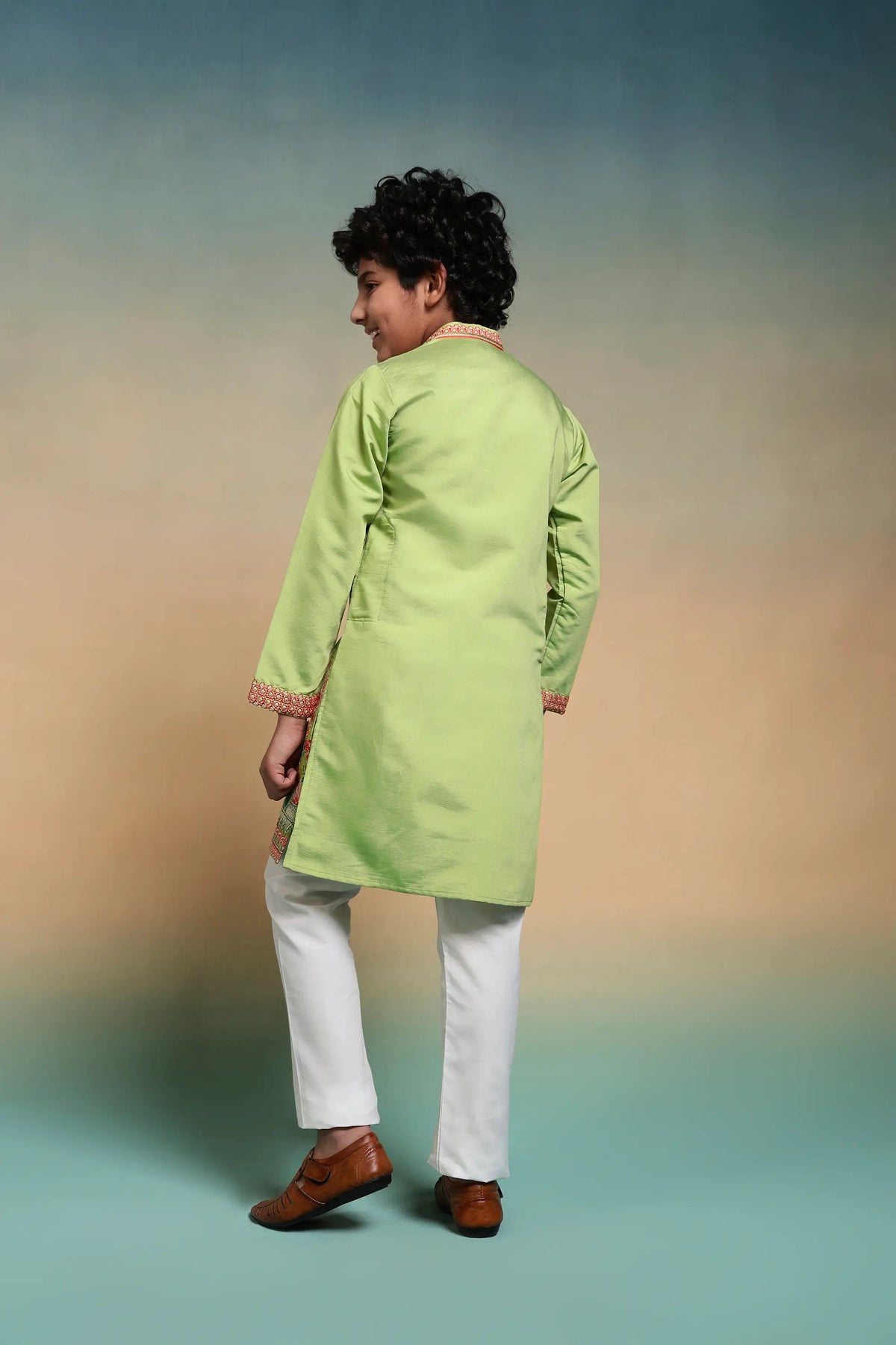 Pista Embroidered Kids Kurta Set