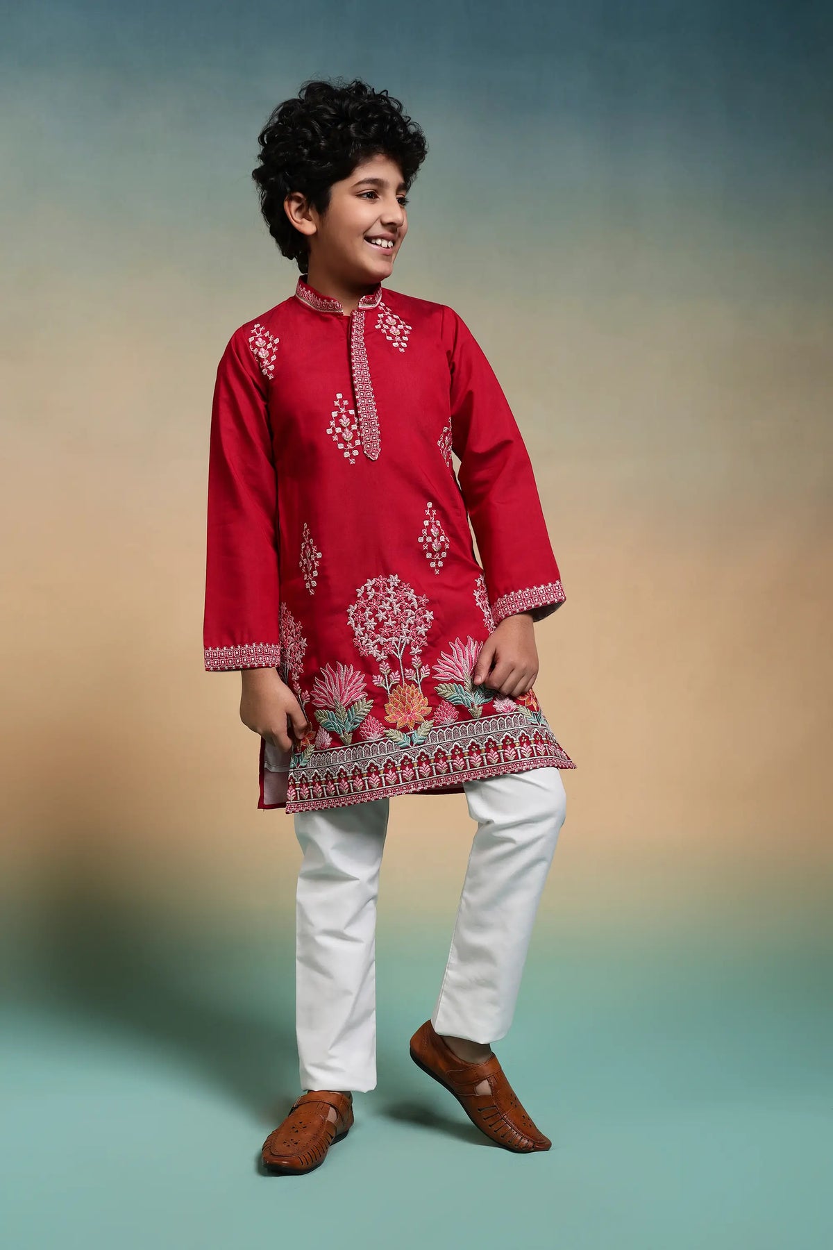 Red Embroidered Kids Kurta Set