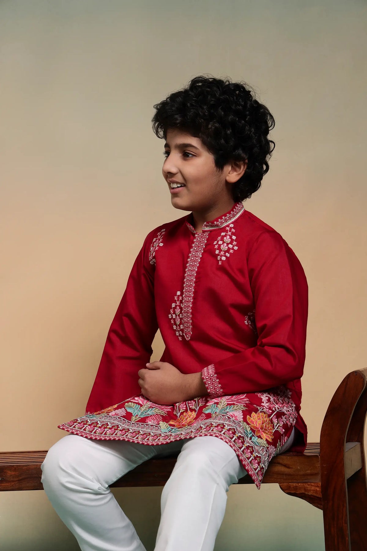 Red Embroidered Kids Kurta Set