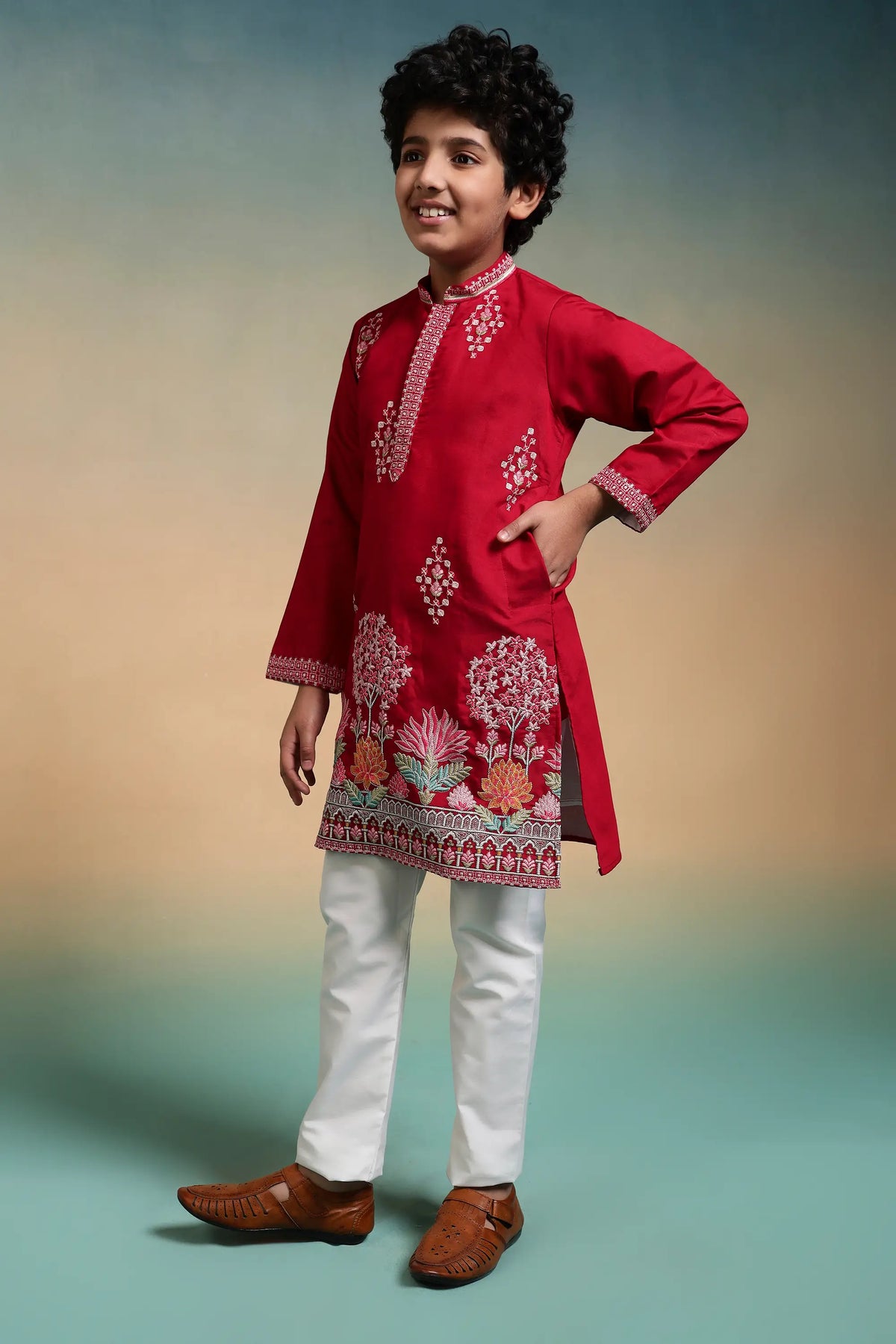 Red Embroidered Kids Kurta Set
