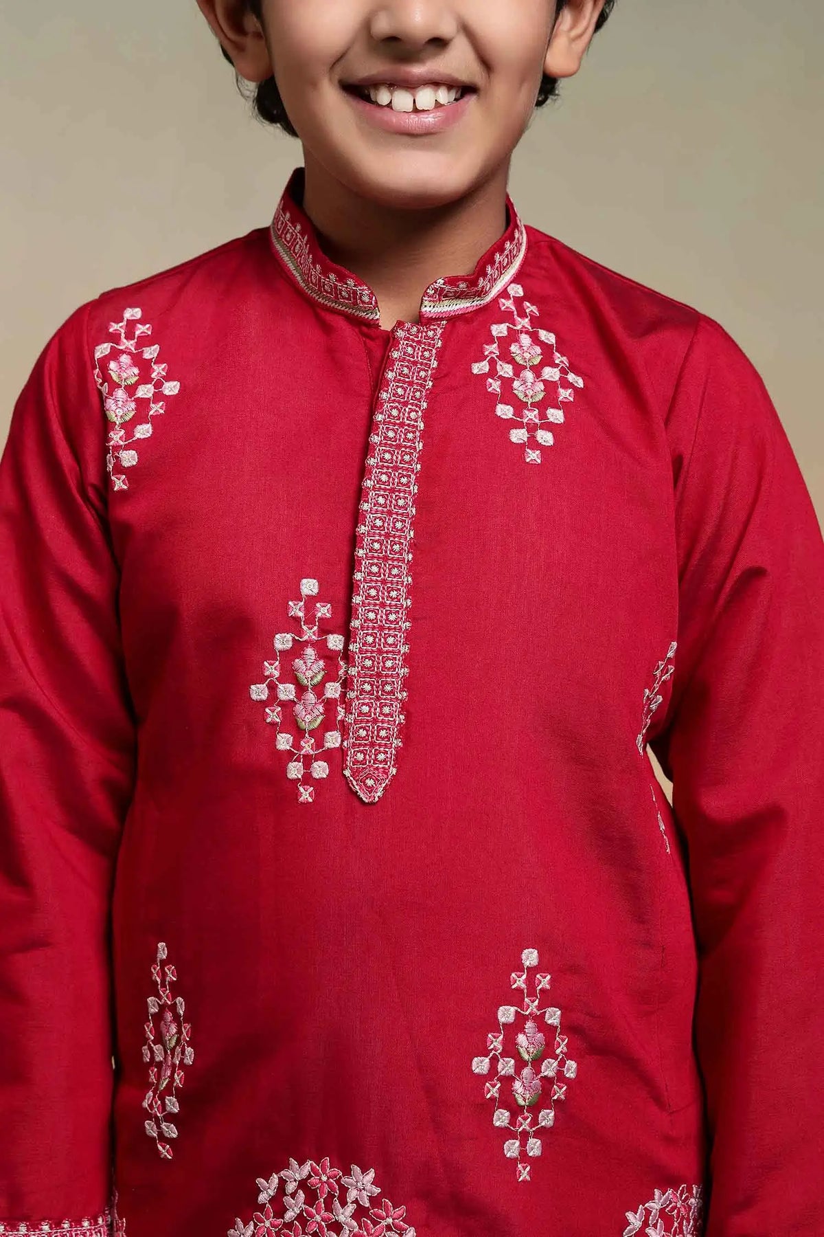 Red Embroidered Kids Kurta Set