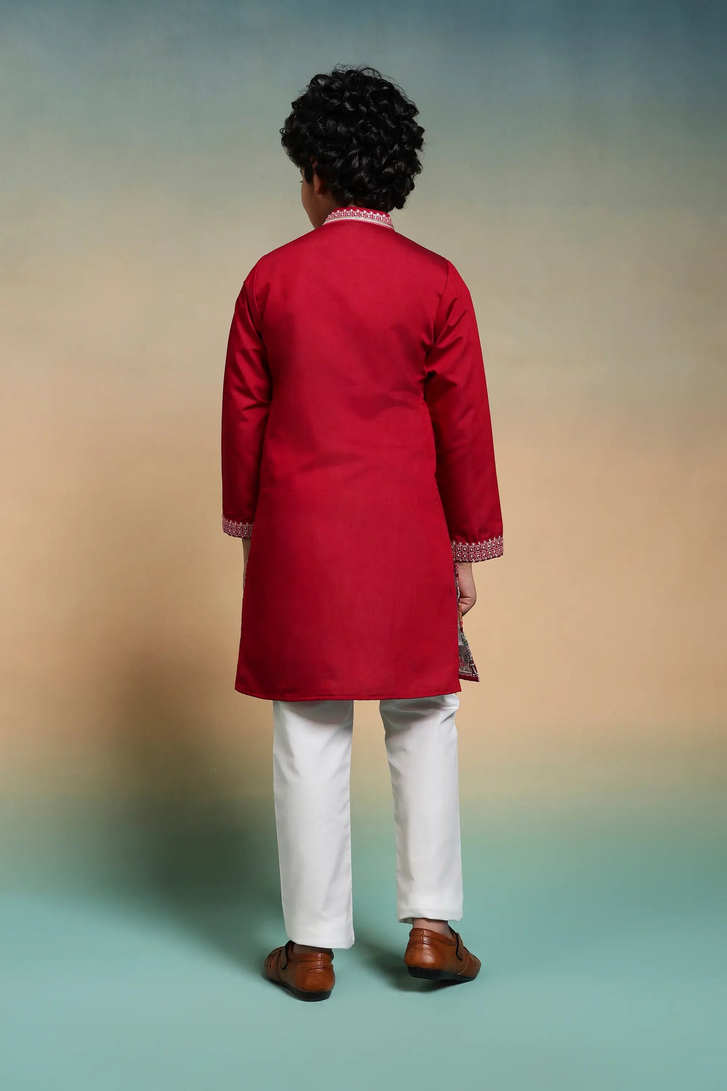 Red Embroidered Kids Kurta Set