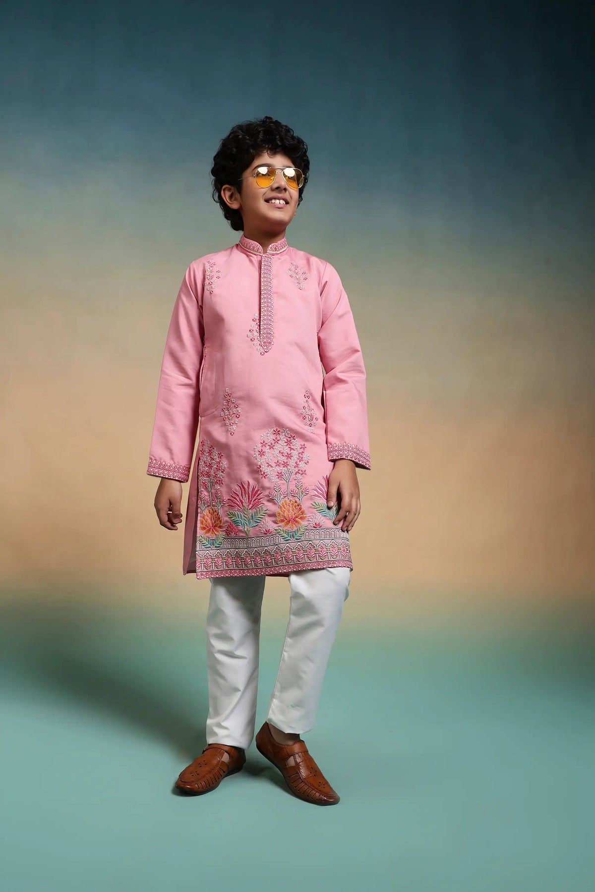 Light Pink Embroidered Kids Kurta Set